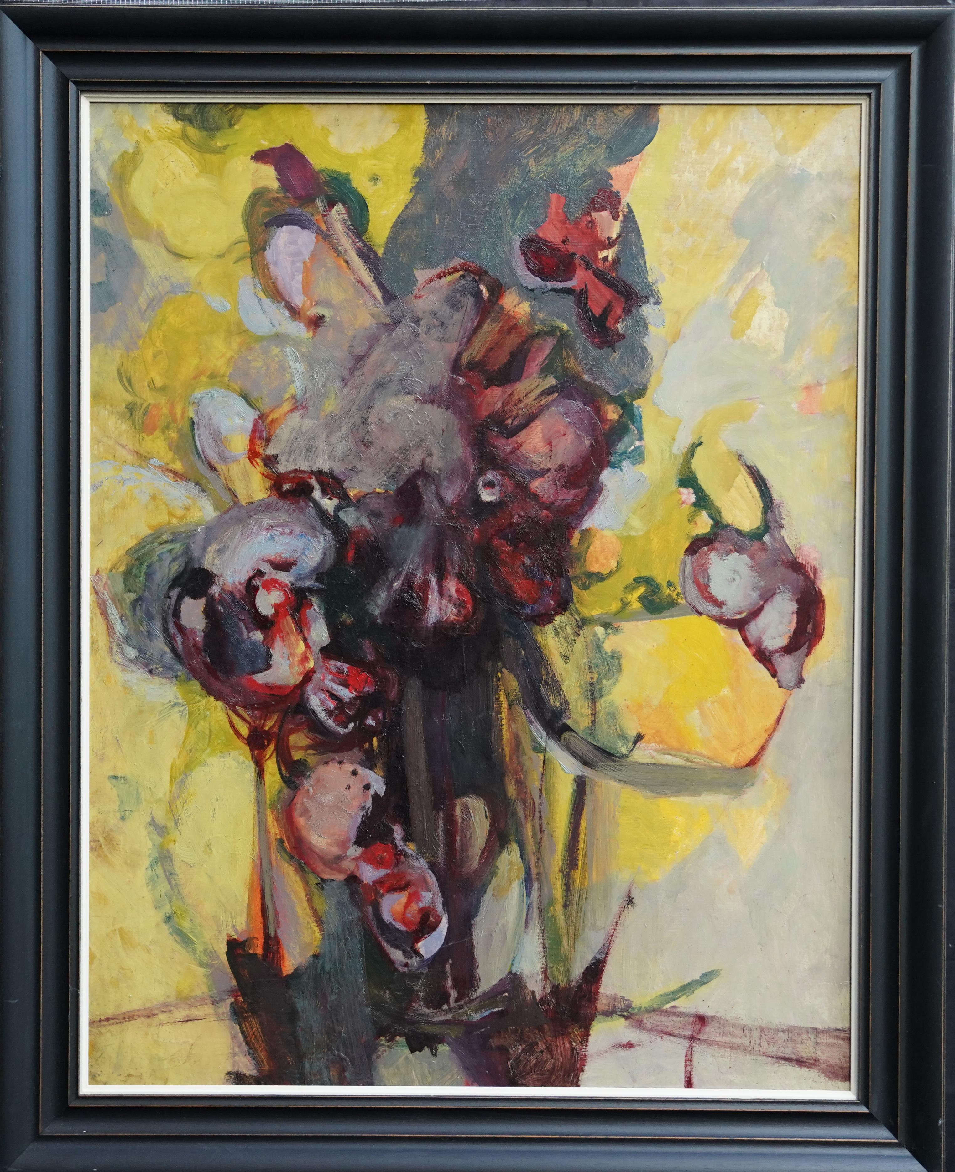 Irises - peinture à l'huile florale expressionniste abstraite britannique des années 50 jaune gris