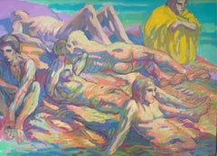 "Ausable River Bathers" Nude men Figurative Ashcan School Oil On Canvas 