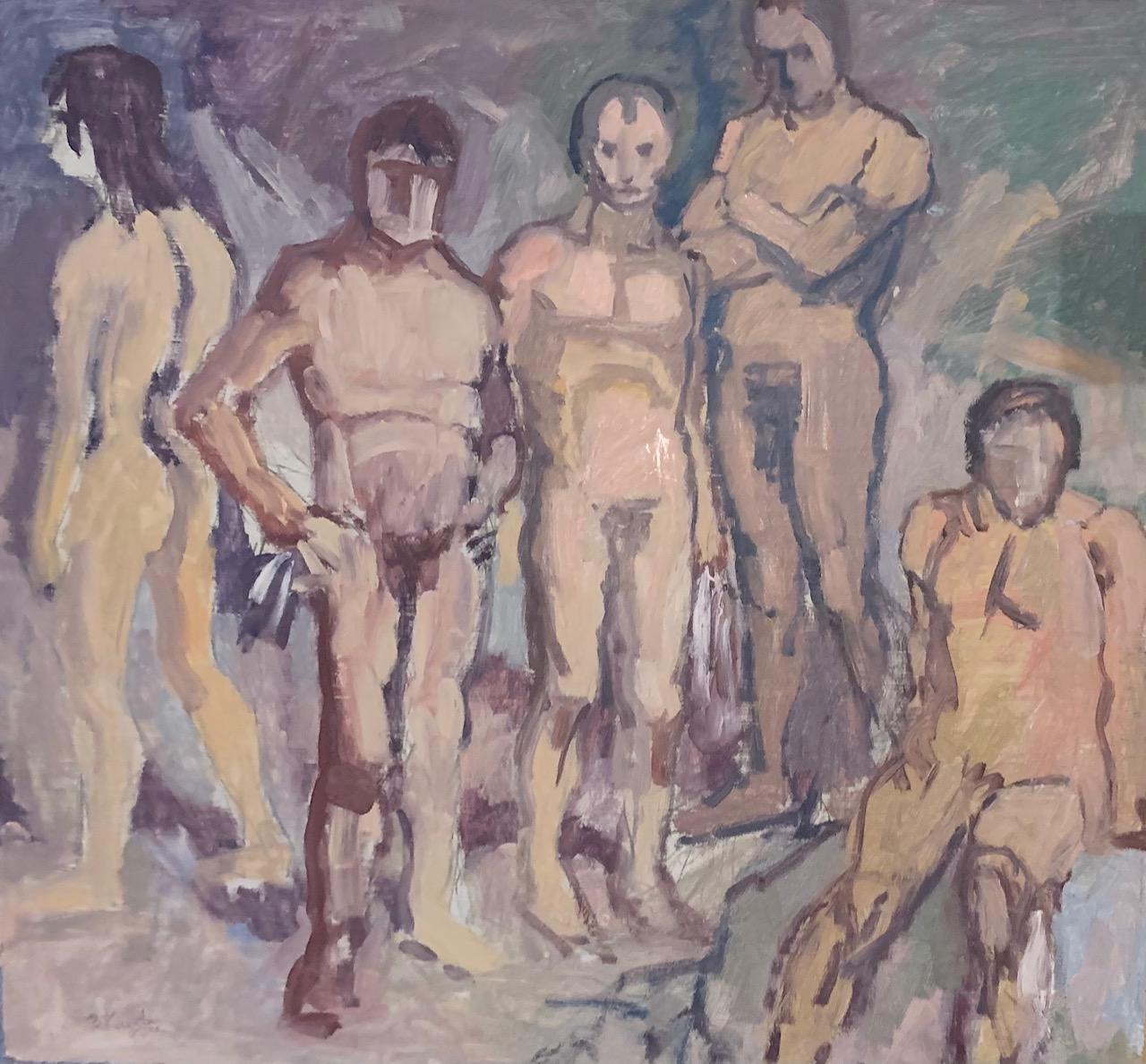 Bernard Krigstein Nude Painting - 'The Bathers' Original Figurative Young Nude Men  Ashcan School Movement O/B