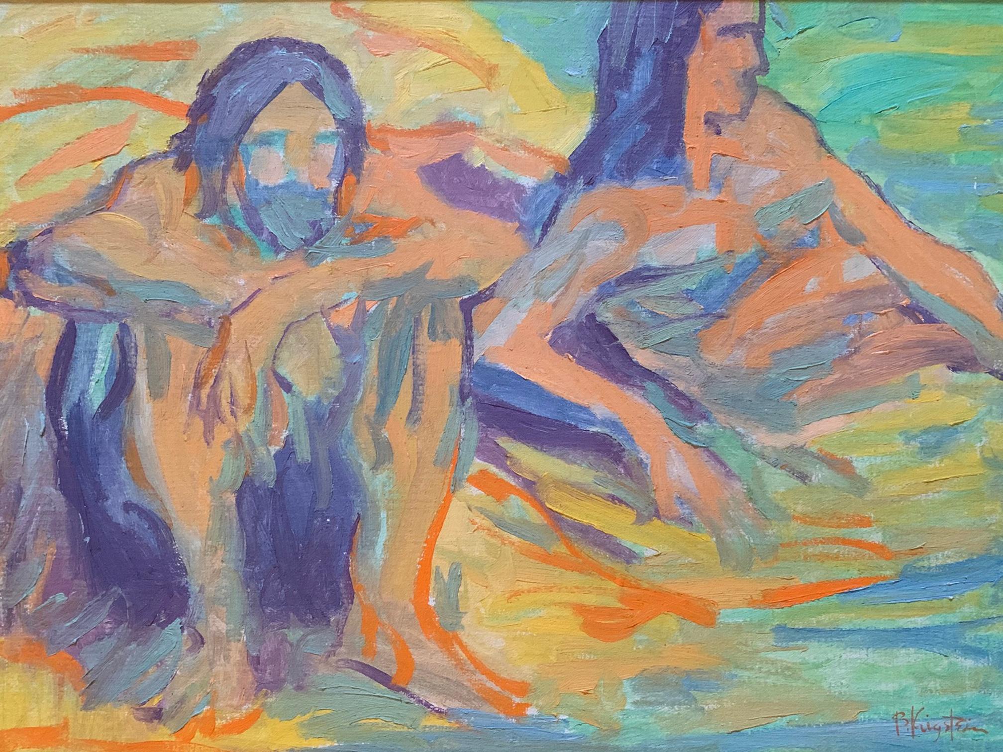 Bernard Krigstein Figurative Painting - ‘The Bathers’ Figurative Young Men Nude Ashcan School Artists Movement O/C