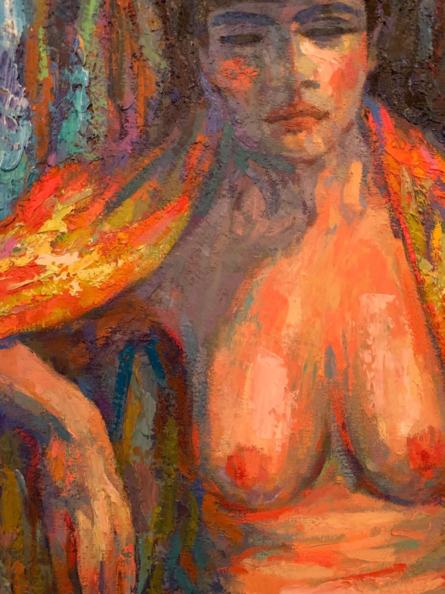 Nude Woman On Chair  Blue And Orange Figurative  Ashcan School O/C - Painting by Bernard Krigstein