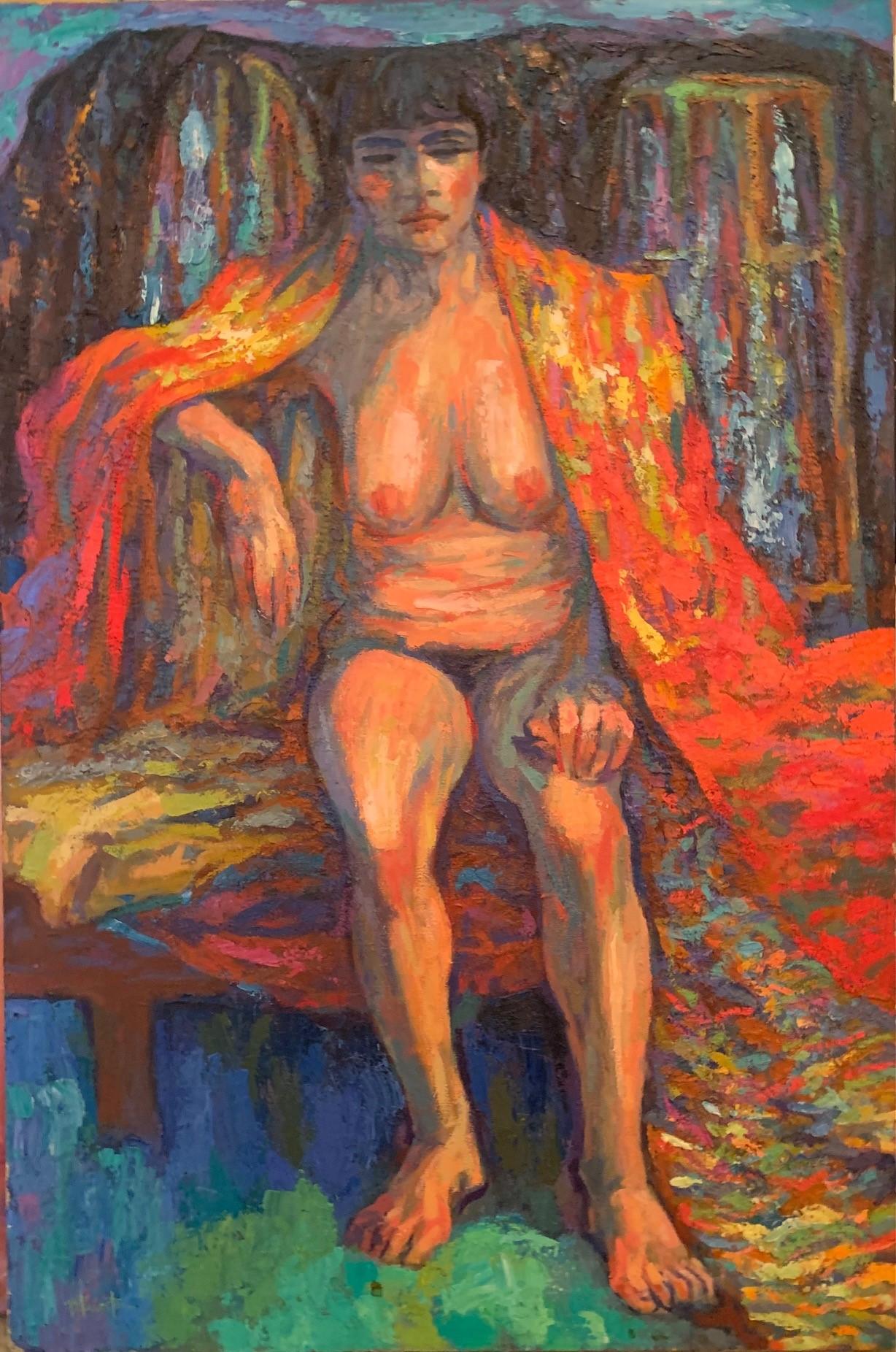 Bernard Krigstein Figurative Painting - Nude Woman On Chair  Blue And Orange Figurative  Ashcan School O/C