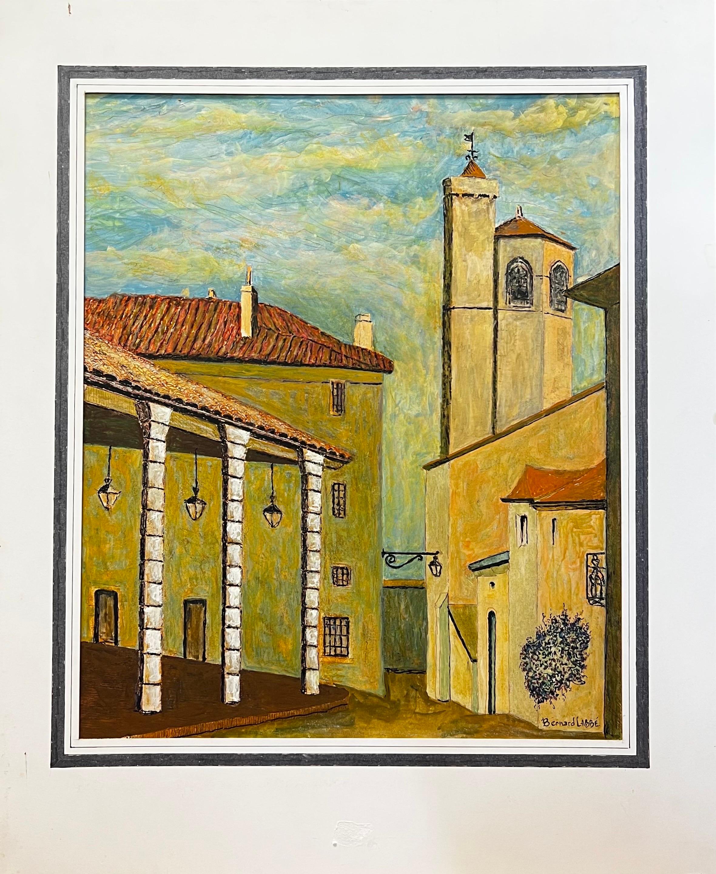 Grande peinture moderniste/ cubiste des années 1950 - Rues paisibles d'un village français - Painting de Bernard Labbe