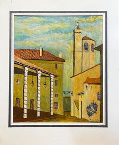 1950's Big Modernist/ Cubist Painting - Peaceful Backstreets Of French Village