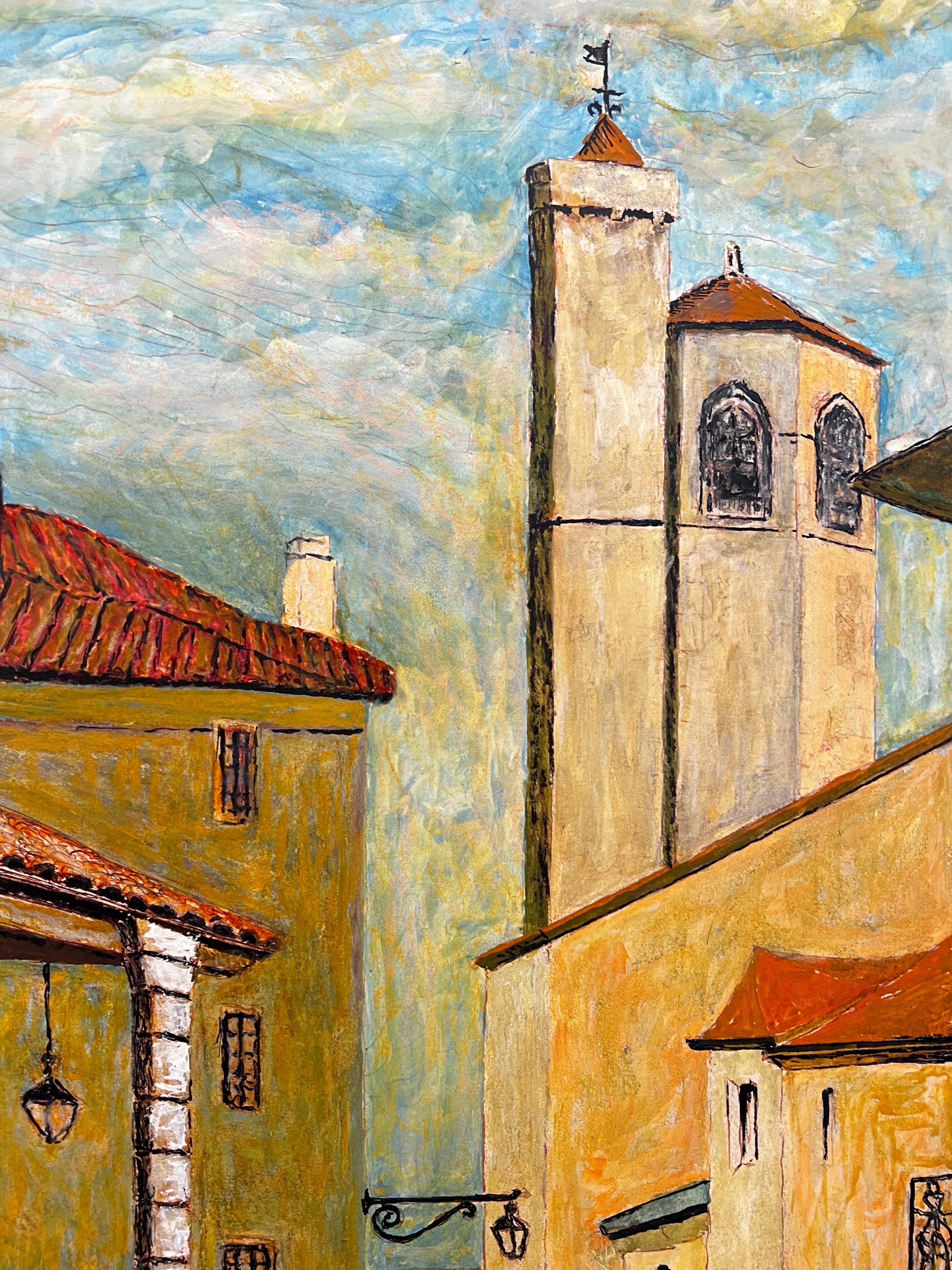 Grande peinture moderniste/ cubiste des années 1950 - Rues paisibles d'un village français - Moderne Painting par Bernard Labbe