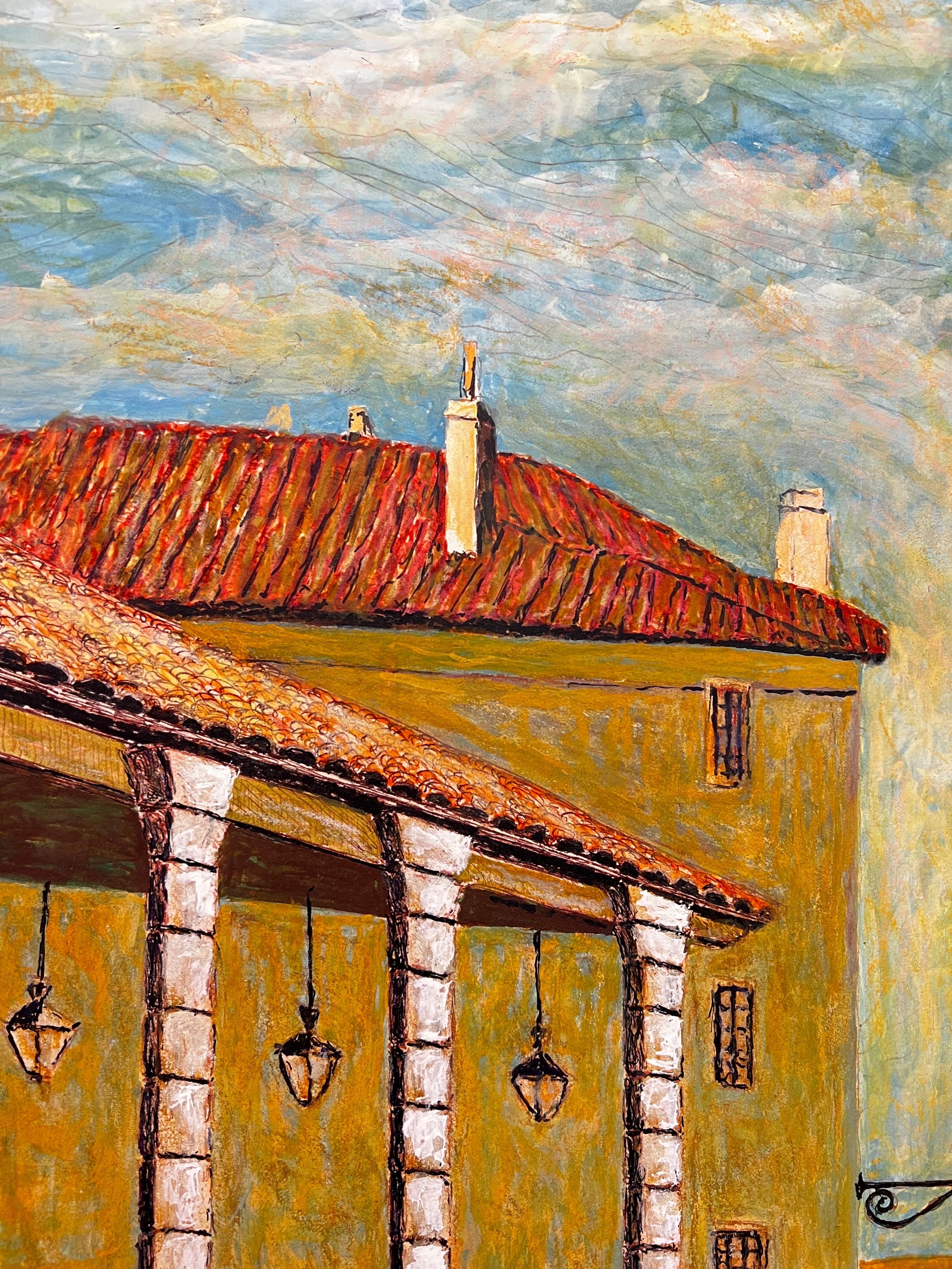 Grande peinture moderniste/ cubiste des années 1950 - Rues paisibles d'un village français - Beige Landscape Painting par Bernard Labbe