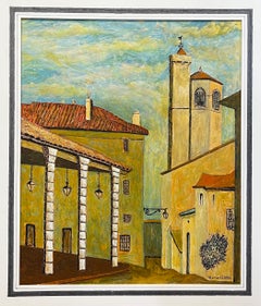 Grande peinture moderniste/ cubiste des années 1950 - Rues paisibles d'un village français