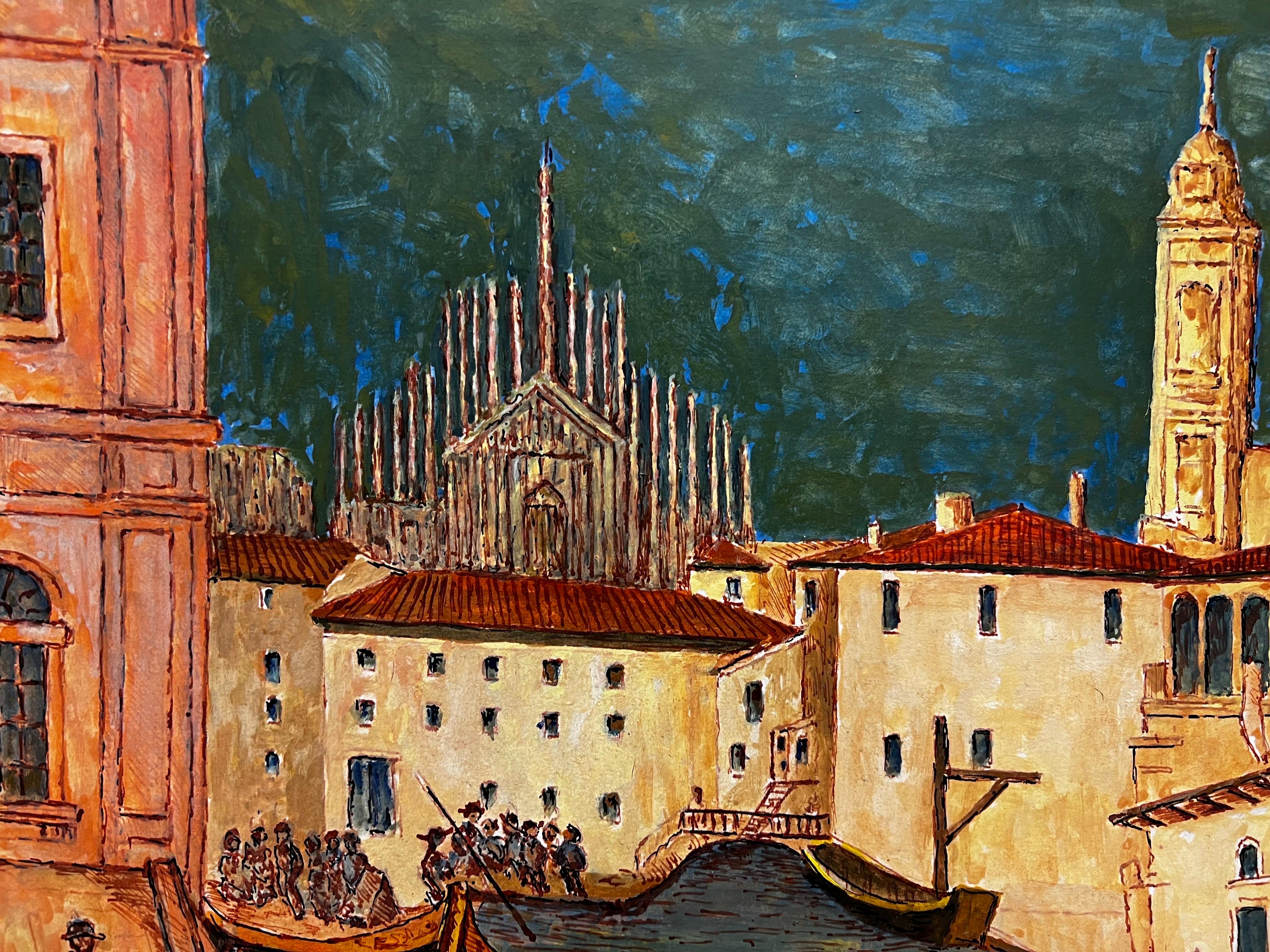 Gran cuadro modernista/cubista de los años 50 - Impresionante escena de Milán en venta 2