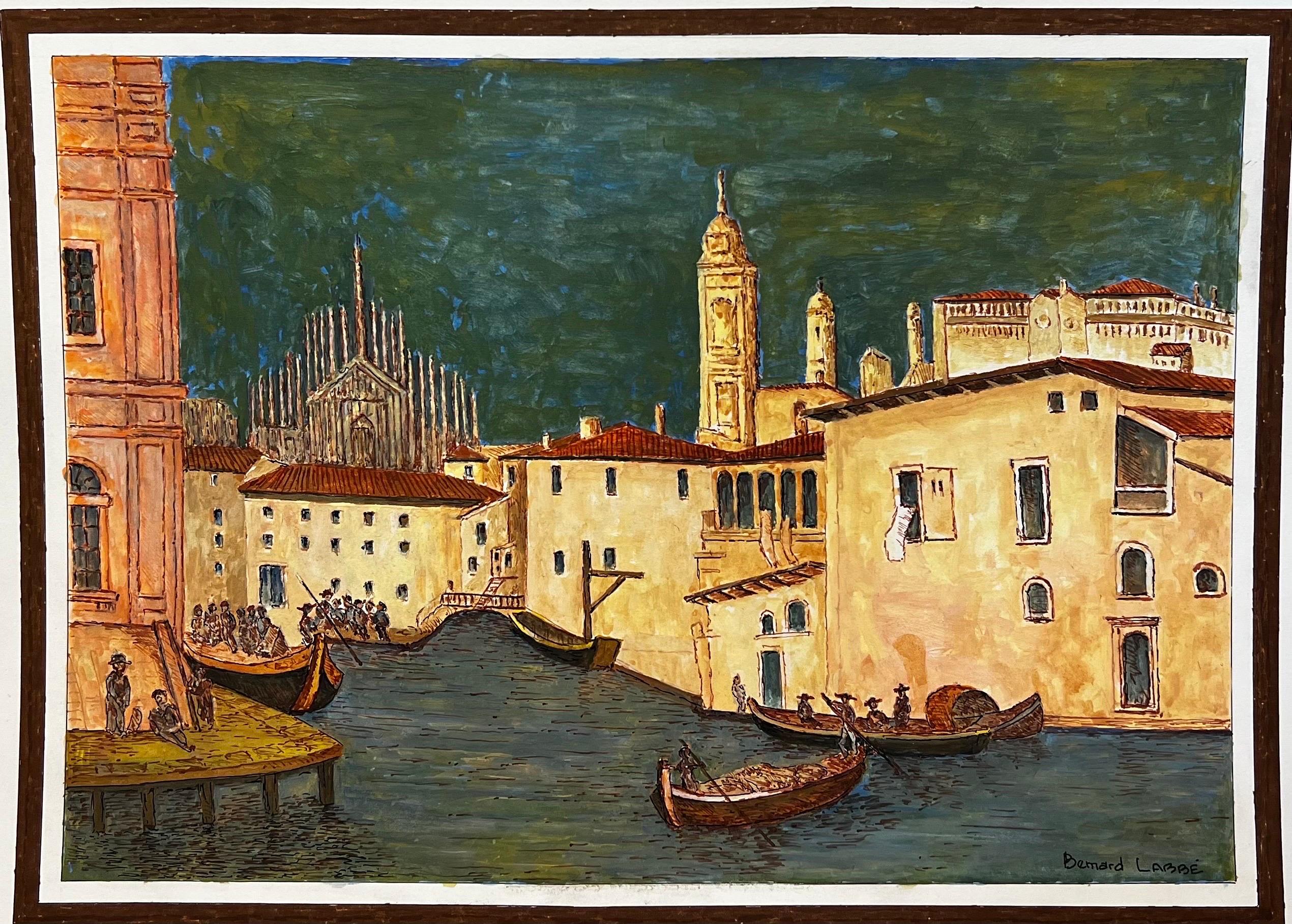 Figurative Art de Bernard Labbe - Gran cuadro modernista/cubista de los años 50 - Impresionante escena de Milán