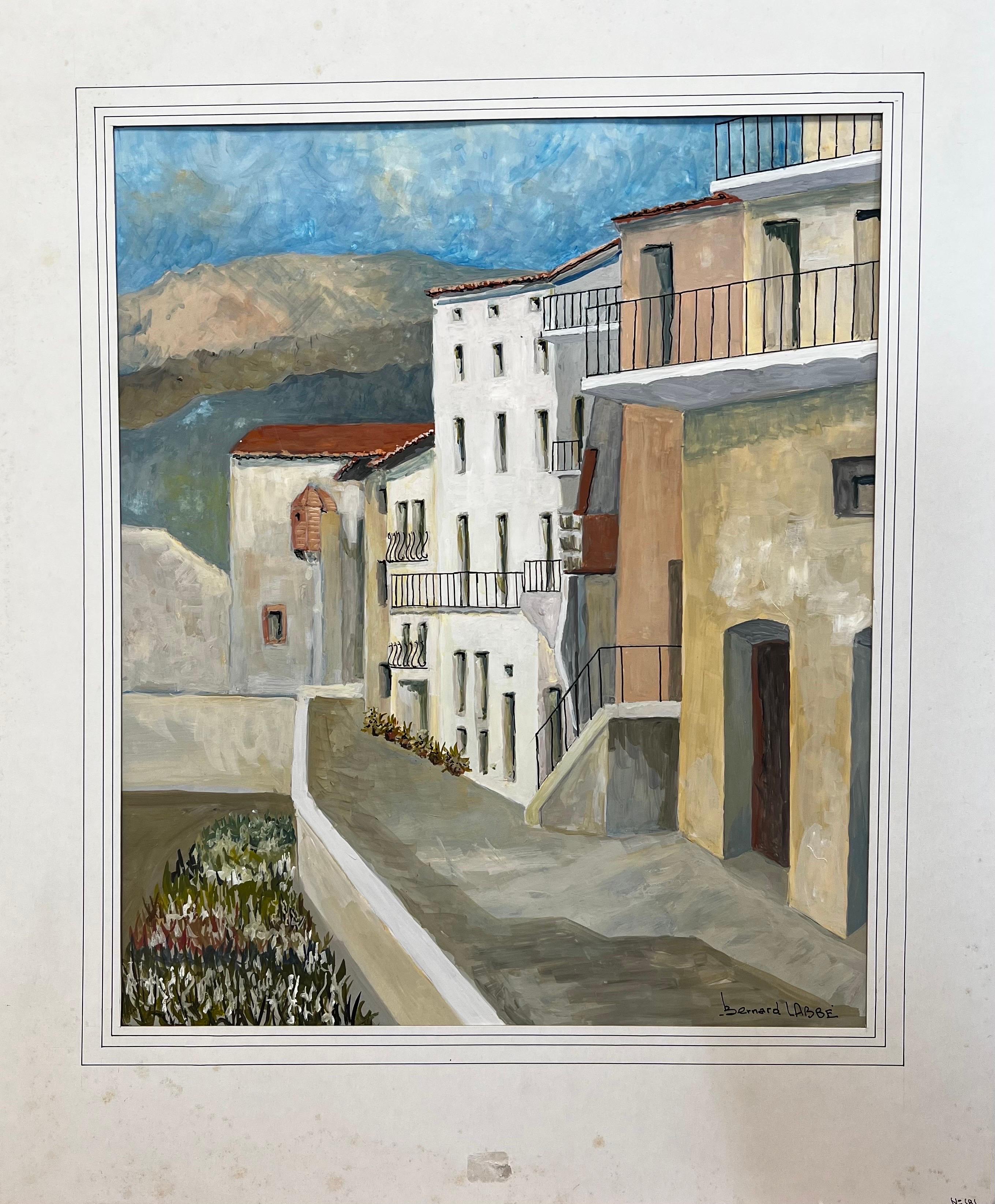 1950's Big Modernist/ Cubist Painting - Terraced French Apartments - Art by Bernard Labbe