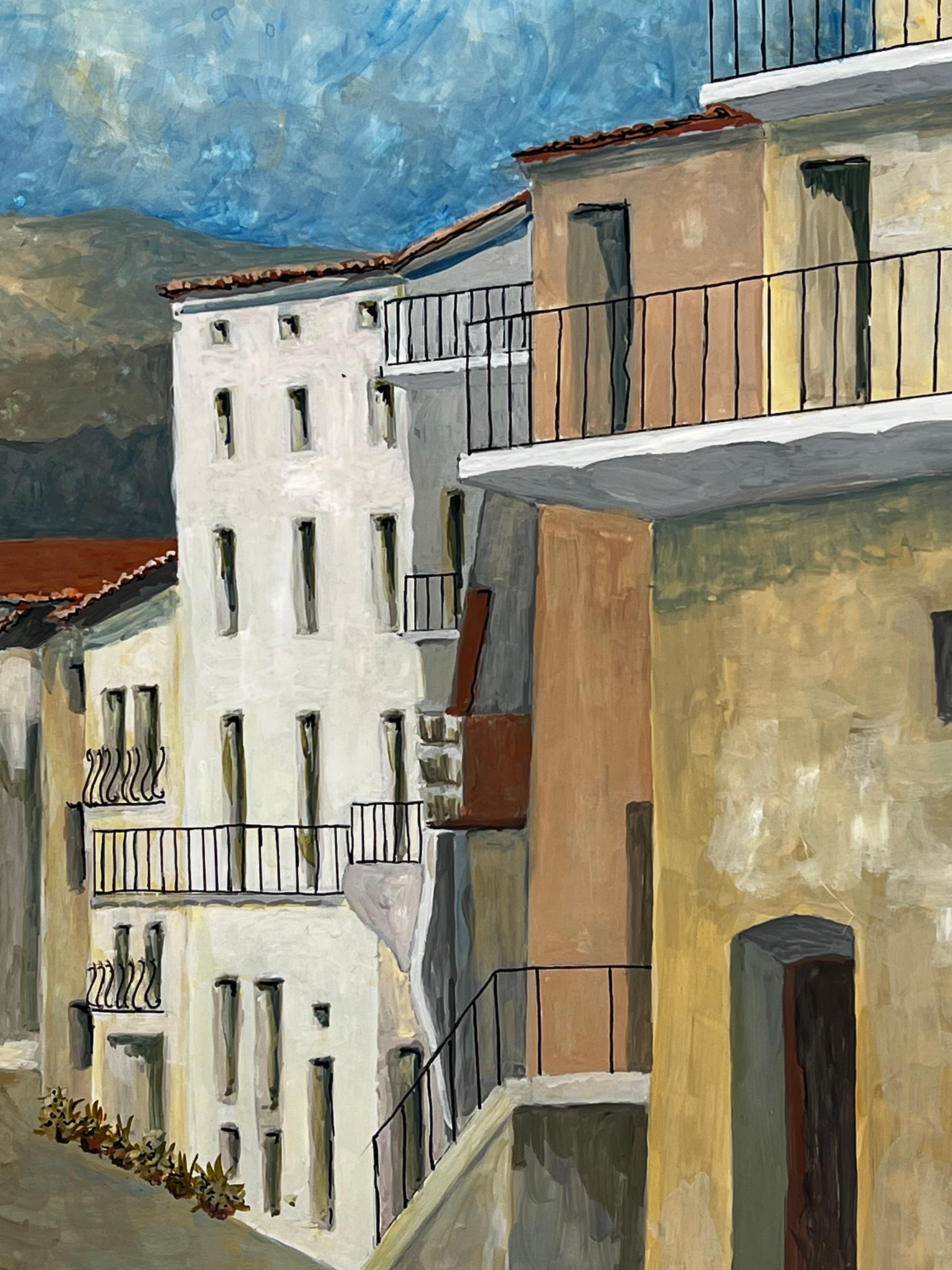 Grande peinture moderniste/ cubiste des années 1950 - Apartments français sur terre cuite - Moderne Art par Bernard Labbe