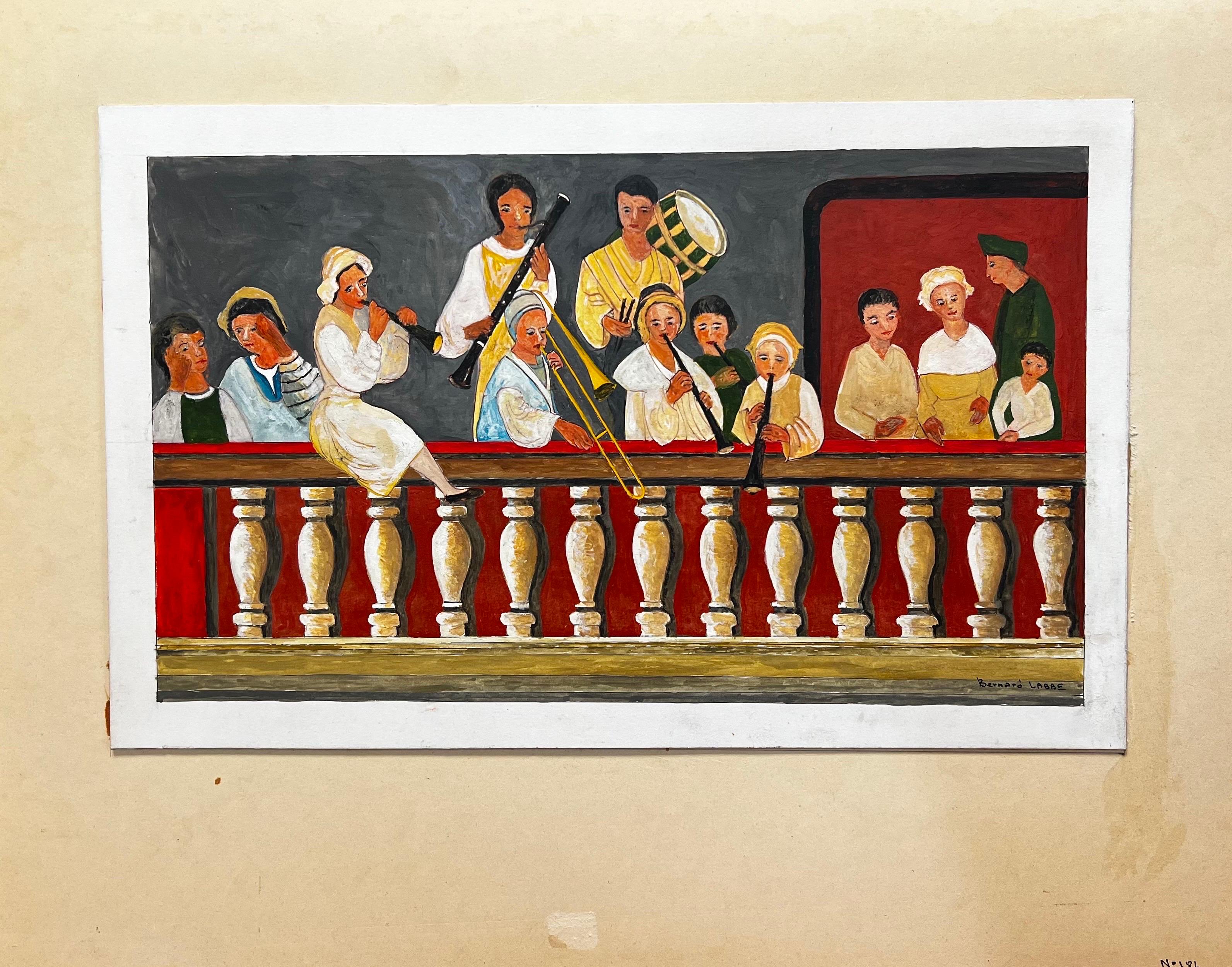 Grande dipinto modernista/cubista del 1950 - La banda sulla terrazza - Art di Bernard Labbe