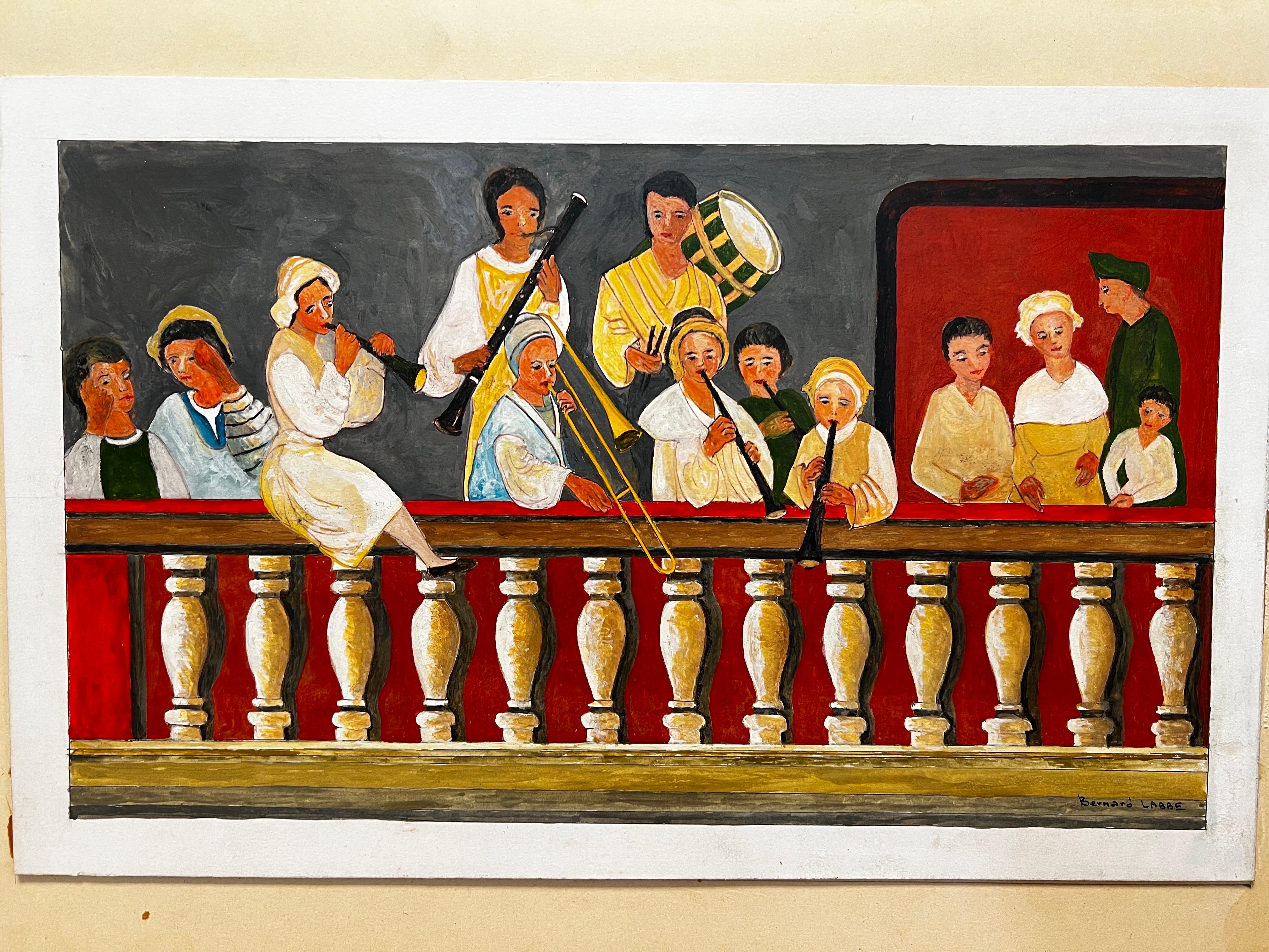 Grande dipinto modernista/cubista del 1950 - La banda sulla terrazza - Figurative Art Marrone di Bernard Labbe