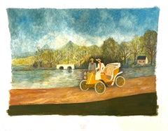 Grande dipinto modernista/cubista degli anni '50 - La coppia in carrozza