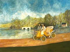 Grande peinture moderniste/ cubiste des années 1950 - Les deux dans la charrette