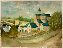 Scène de village rustique à toit bleu des années 1950 avec une église centrale à la campagne