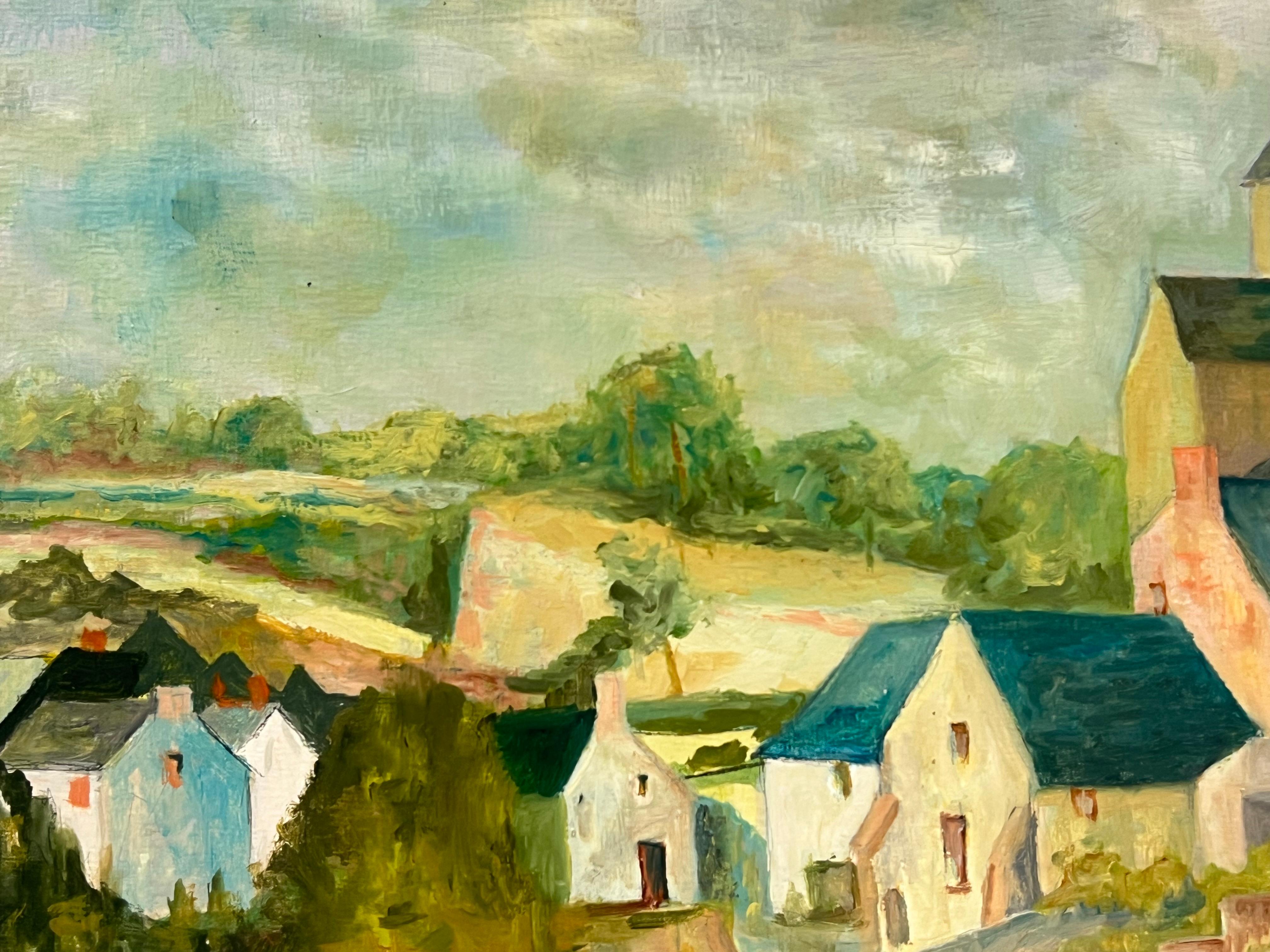 Escena de pueblo rústico de tejado azul de los años 50 con una iglesia central Campiña - Landscape Painting Marrón de Bernard Labbe