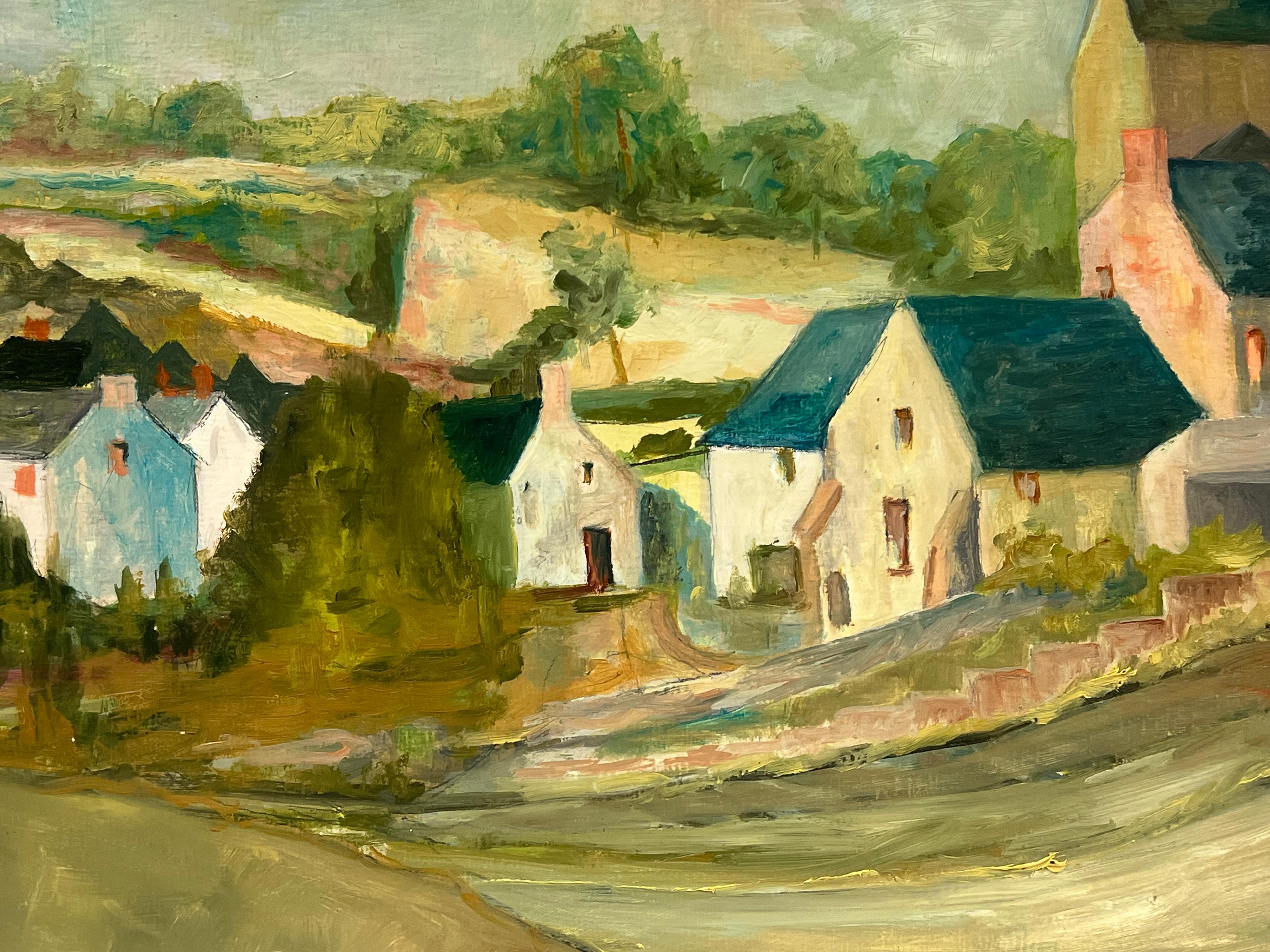 Escena rústica de pueblo 
de Bernard Labbe (French mid 20th century)
óleo original sobre cartulina
tamaño: 19,75 x 25,5 pulgadas
estado: muy bueno y listo para ser disfrutado

Descripción: Este óleo capta la serena belleza de un pequeño pueblo rural