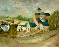 1950's Blue Roof Rustic Village Scene with a Central Church Countryside