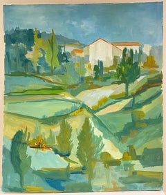 Paysage de collines et de champs vert vif et bleu des années 1950