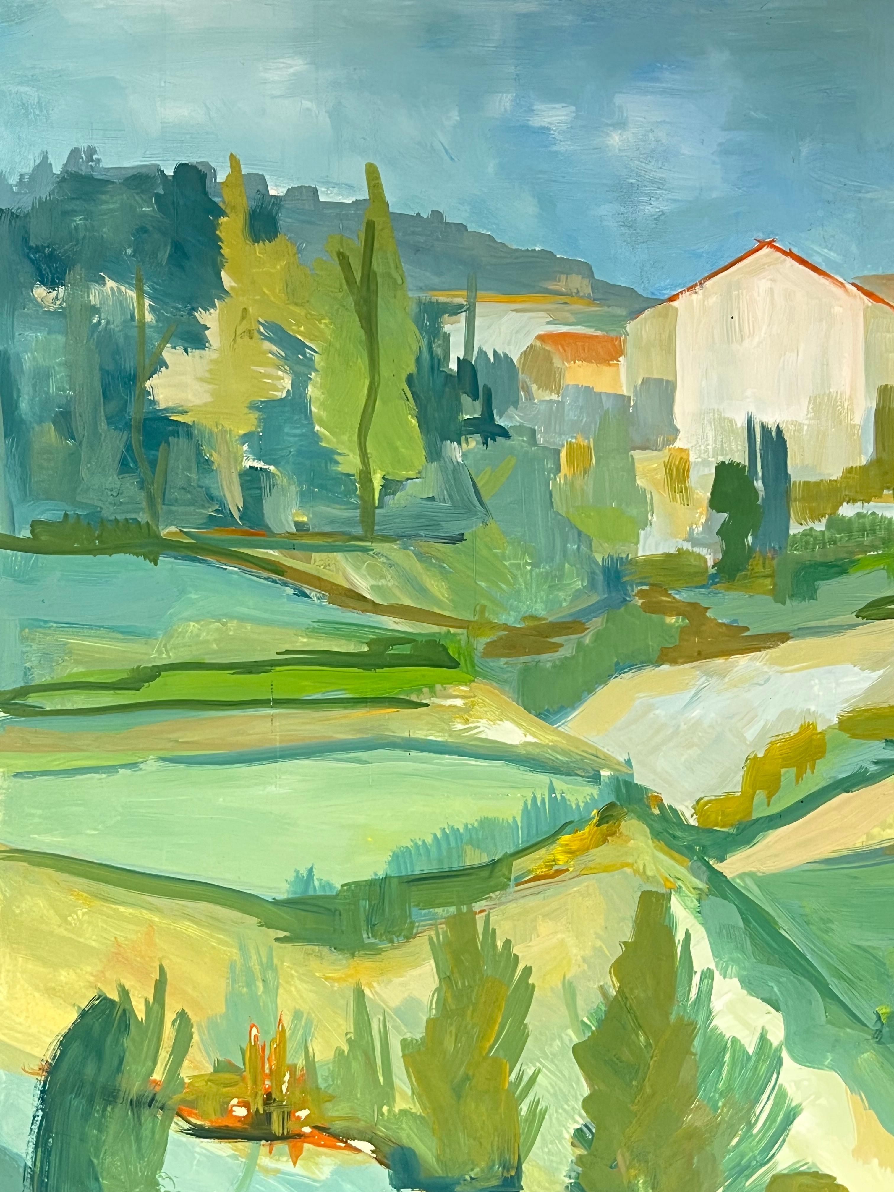 1950's Bright Green and Blue Landscape of Hills and Fields French Oil - Modern Painting by Bernard Labbe