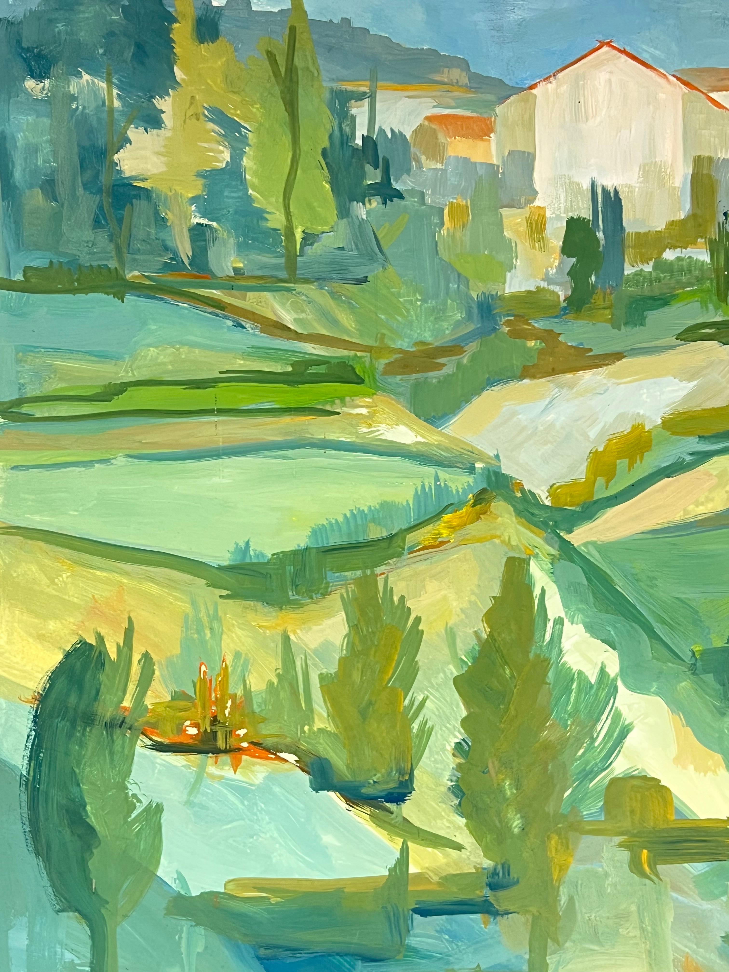 1950's Bright Green and Blue Landscape of Hills and Fields French Oil - Gray Landscape Painting by Bernard Labbe