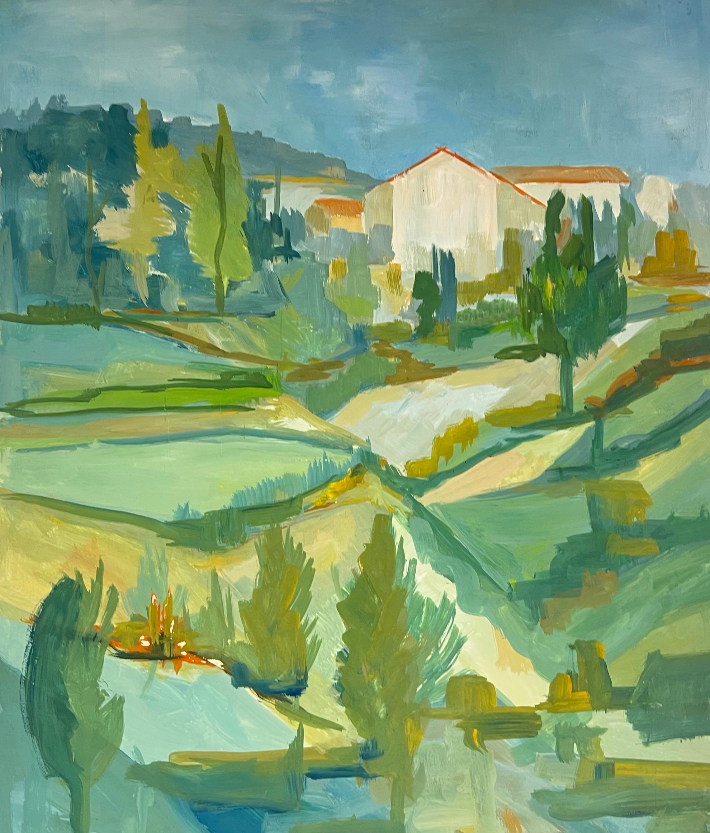 Bernard Labbe Landscape Painting - 1950's Bright Green and Blue Landscape of Hills and Fields French Oil