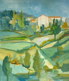 1950's Bright Green and Blue Landscape of Hills and Fields French Oil