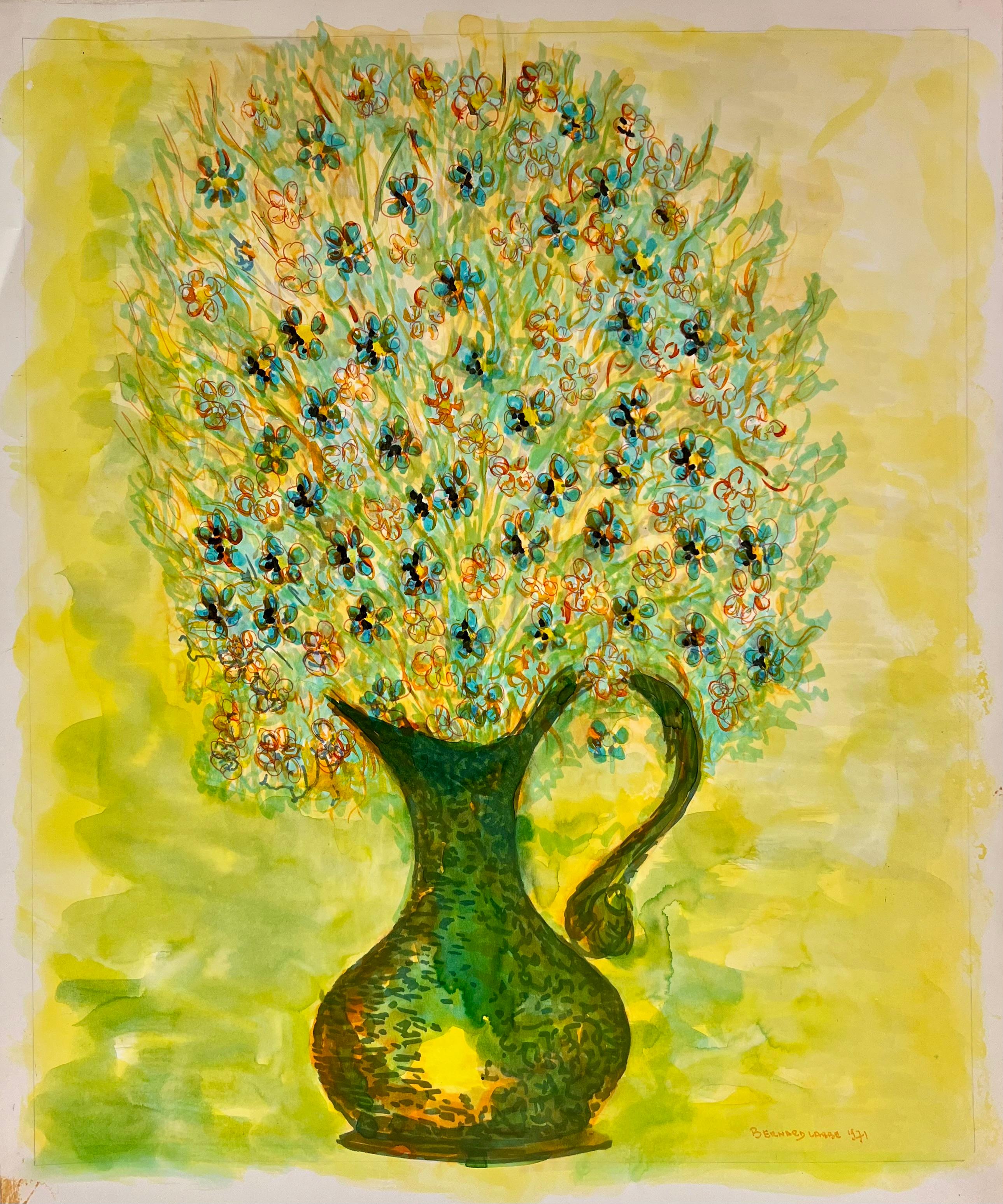 1950's Colorful Wildflowers in a Copper Vase in Yellow Interior Still Life - Painting by Bernard Labbe