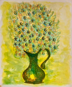 Bodegón de 1950 Flores silvestres de colores en un jarrón de cobre en un interior amarillo