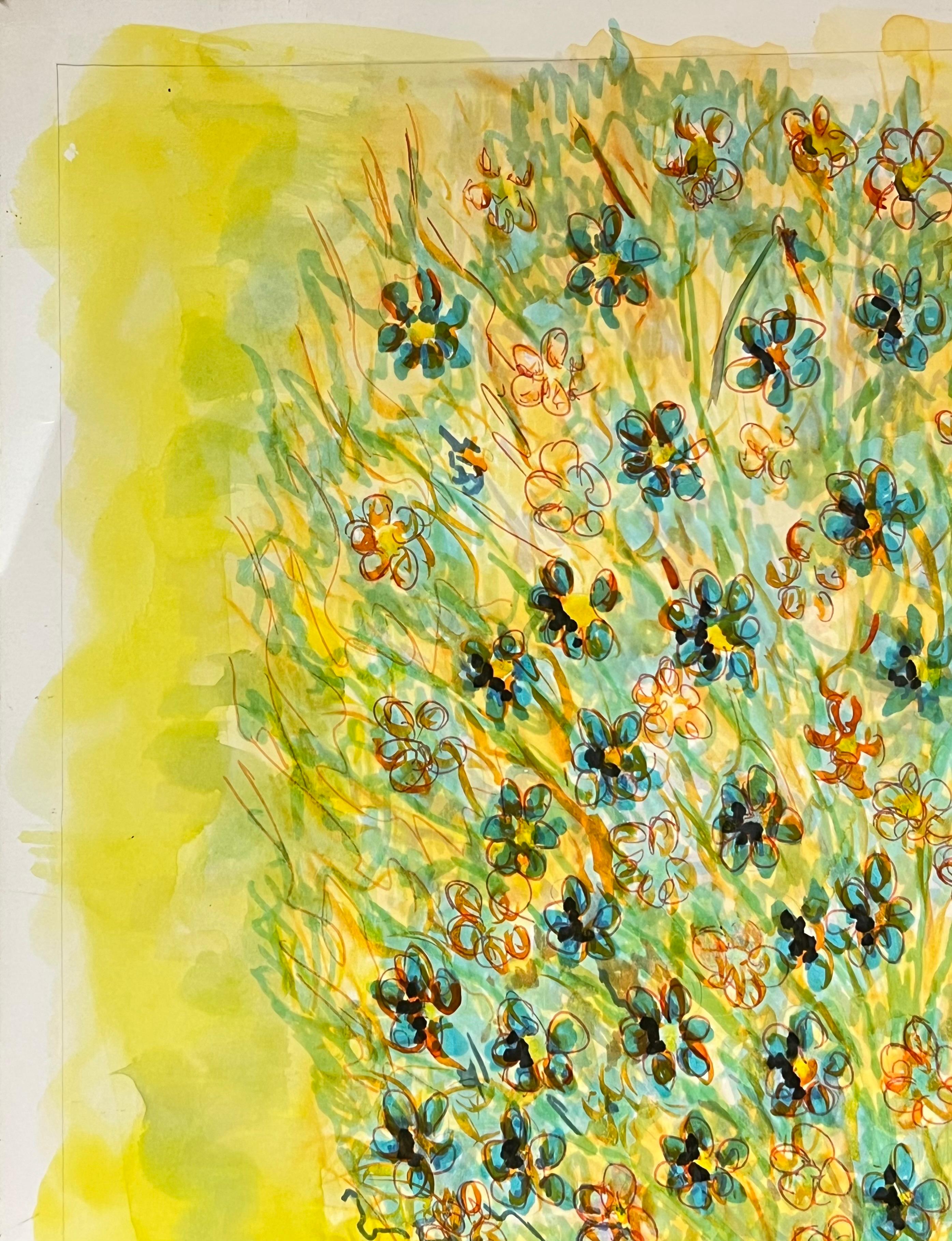 1950's Colorful Wildflowers in a Copper Vase in Yellow Interior Still Life For Sale 1