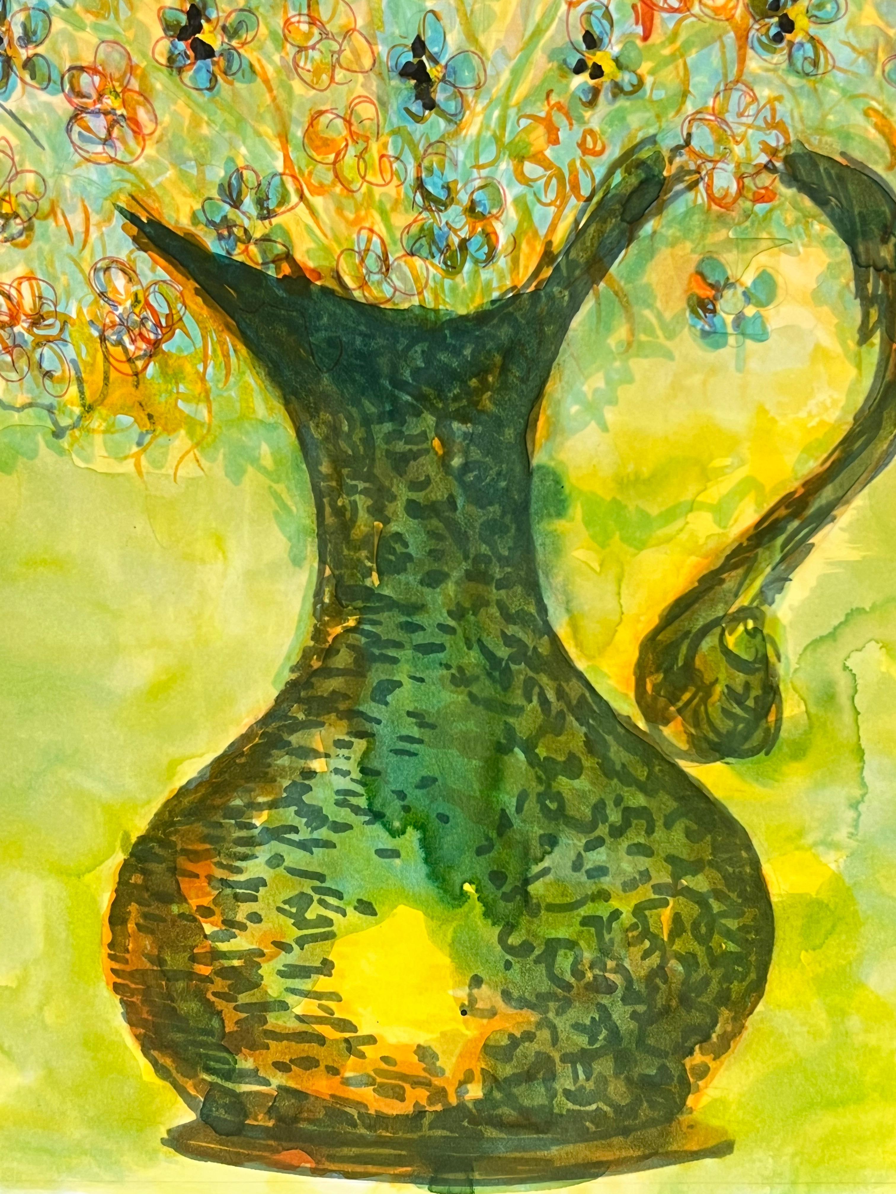 1950's Colorful Wildflowers in a Copper Vase in Yellow Interior Still Life For Sale 3