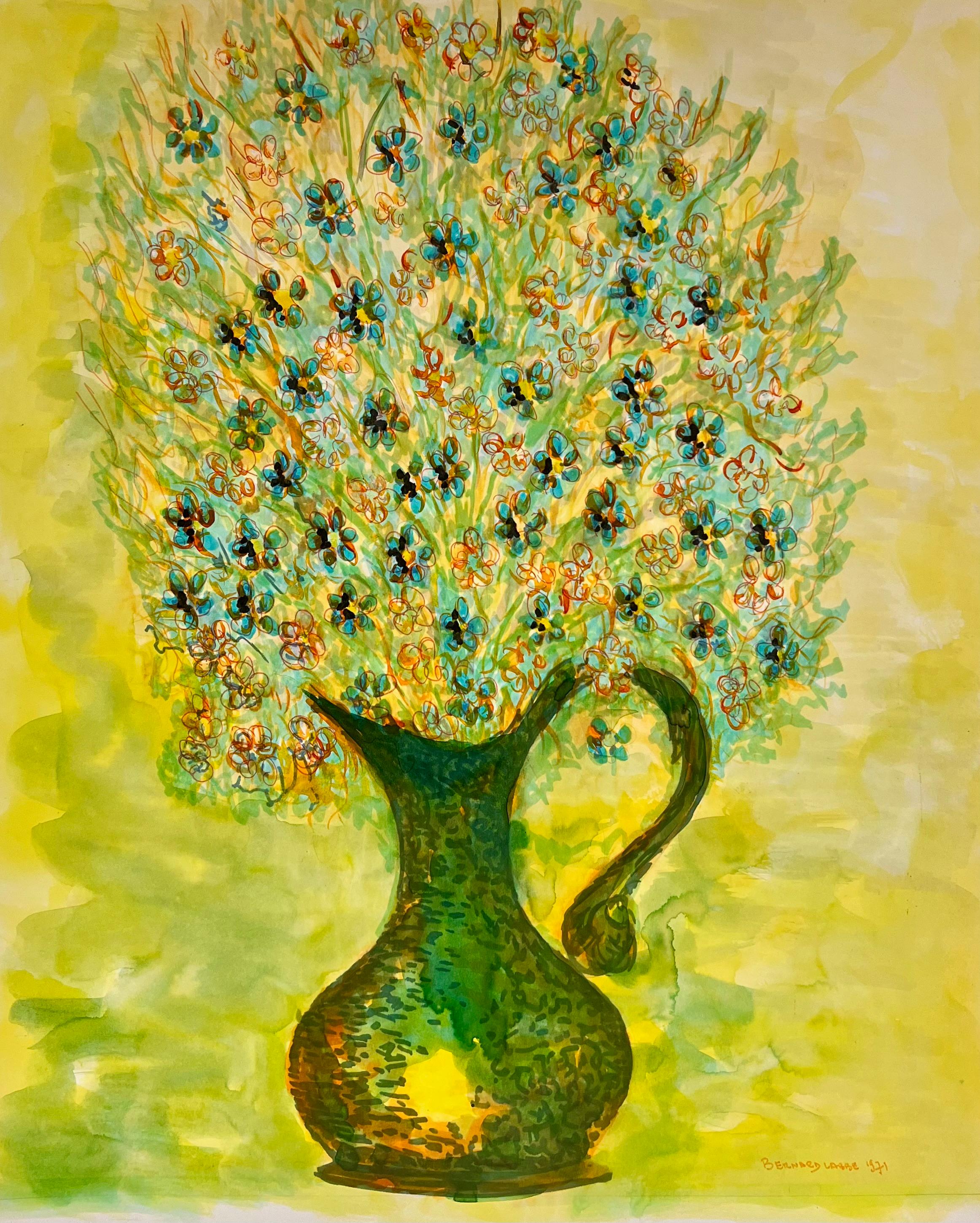 Bernard Labbe Still-Life Painting - 1950's Colorful Wildflowers in a Copper Vase in Yellow Interior Still Life