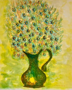 1950er Jahre Bunte Wildblumen in einer Kupfervase in gelbem Interieur Stillleben