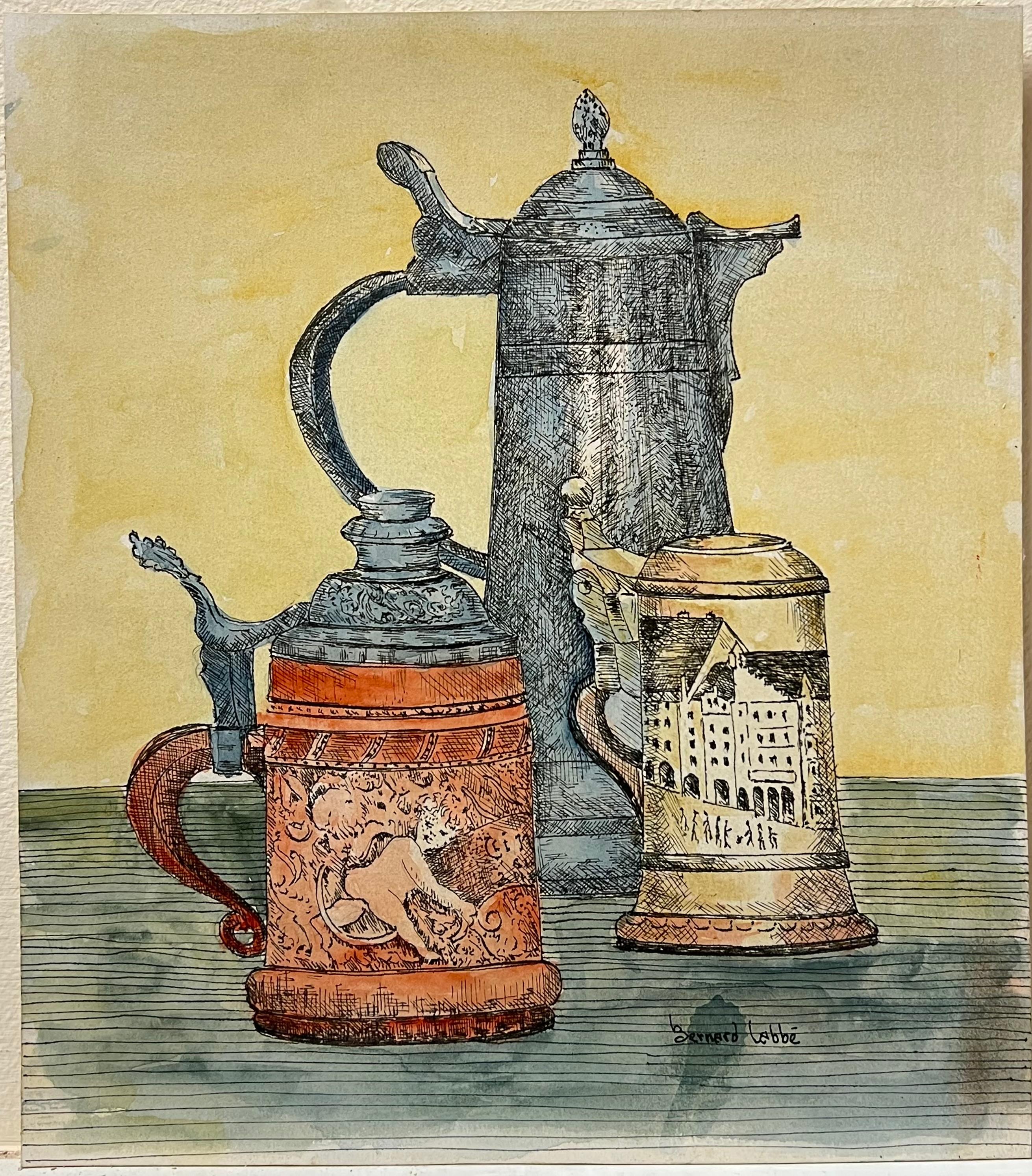 1950's Detaillierte Aquarell Stillleben mit verzierten Krüge Malerei – Art von Bernard Labbe