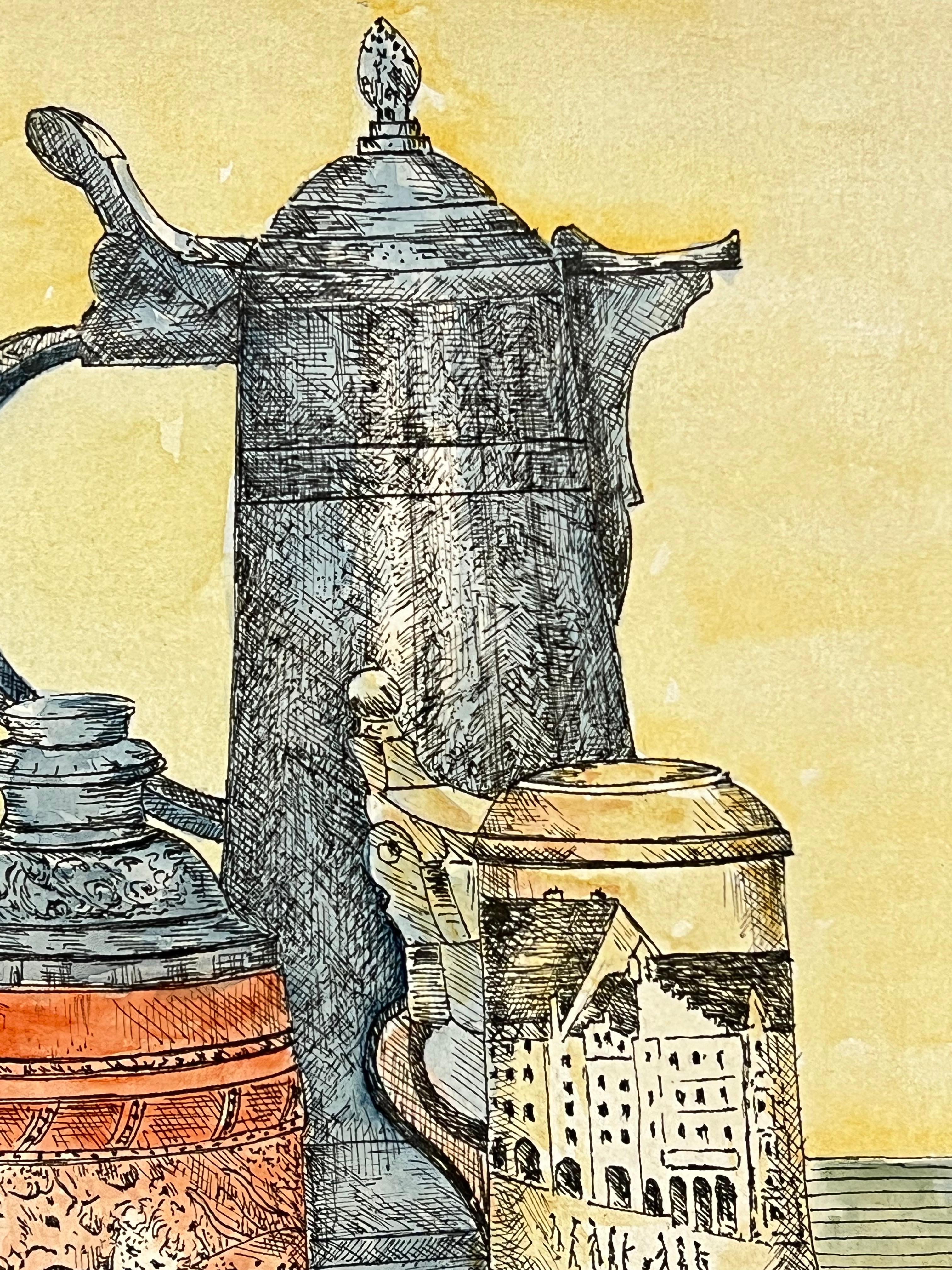 1950's Detaillierte Aquarell Stillleben mit verzierten Krüge Malerei (Moderne), Art, von Bernard Labbe