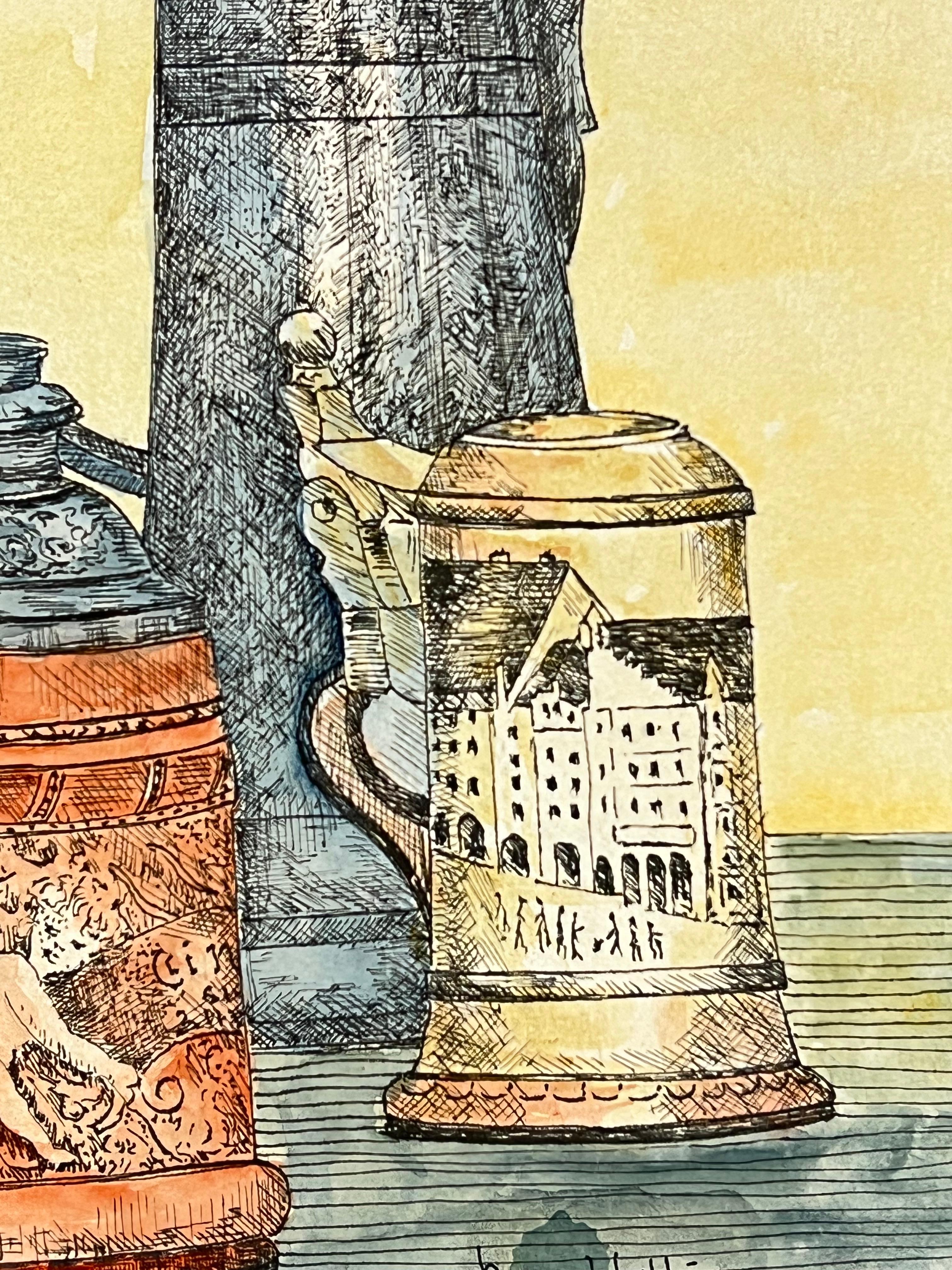 1950's Detaillierte Aquarell Stillleben mit verzierten Krüge Malerei (Beige), Interior Art, von Bernard Labbe