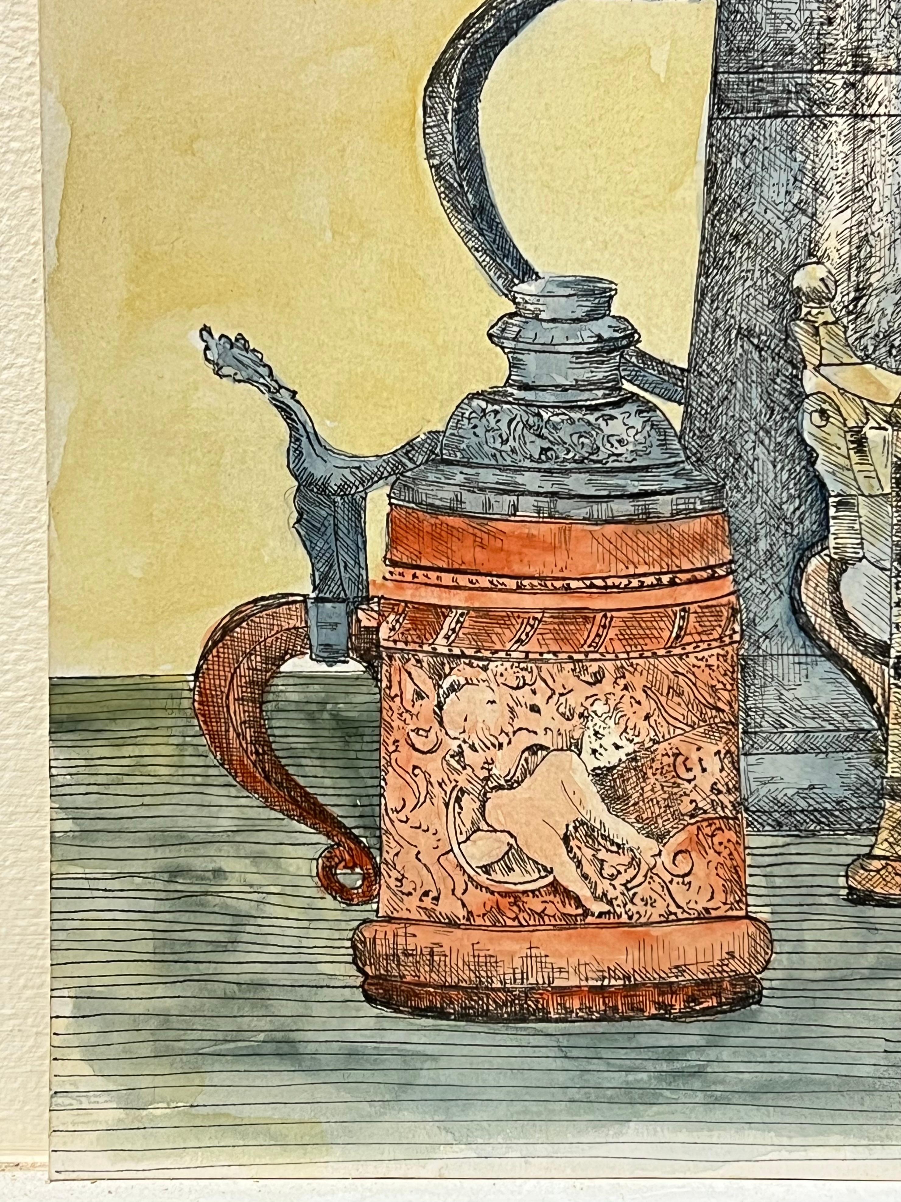 1950's Detaillierte Aquarell Stillleben mit verzierten Krüge Malerei im Angebot 1