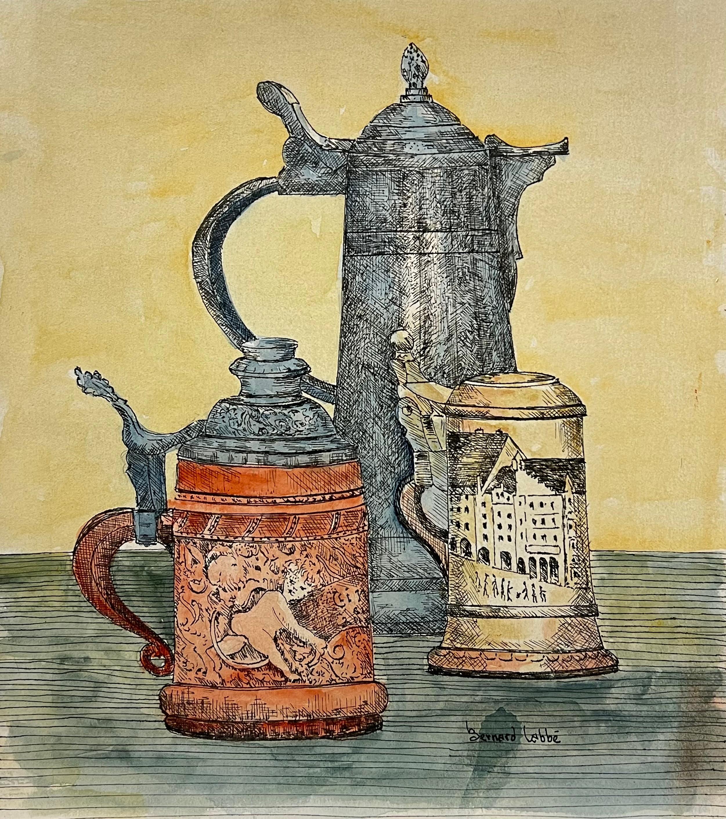 Acuarela con detalles de los años 50 Pintura de bodegones con jarras ornamentadas