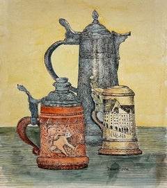 Acuarela con detalles de los años 50 Pintura de bodegones con jarras ornamentadas