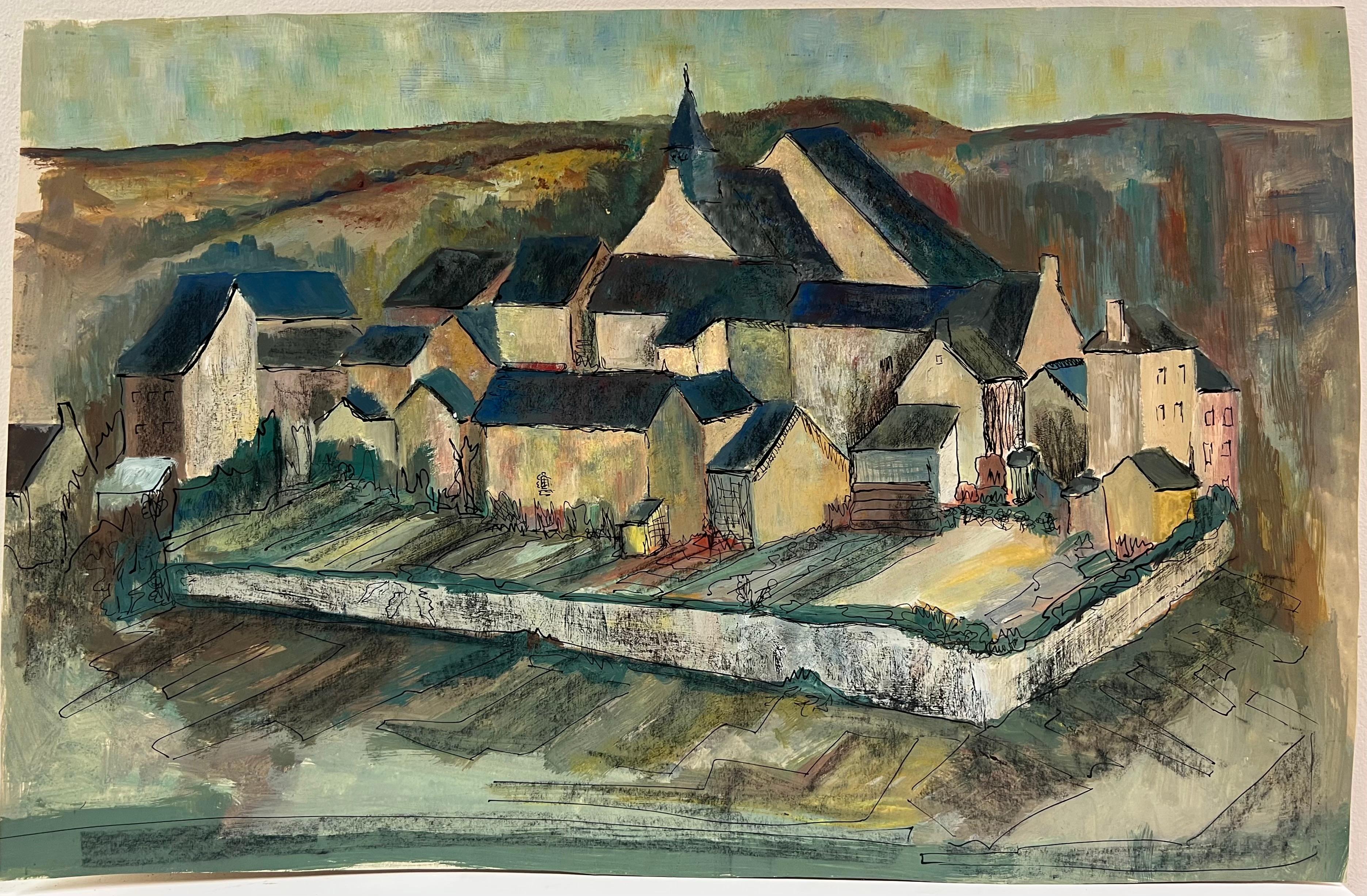 Paisaje al óleo de un pueblo francés cerrado de 1950 con campanario central - Painting de Bernard Labbe
