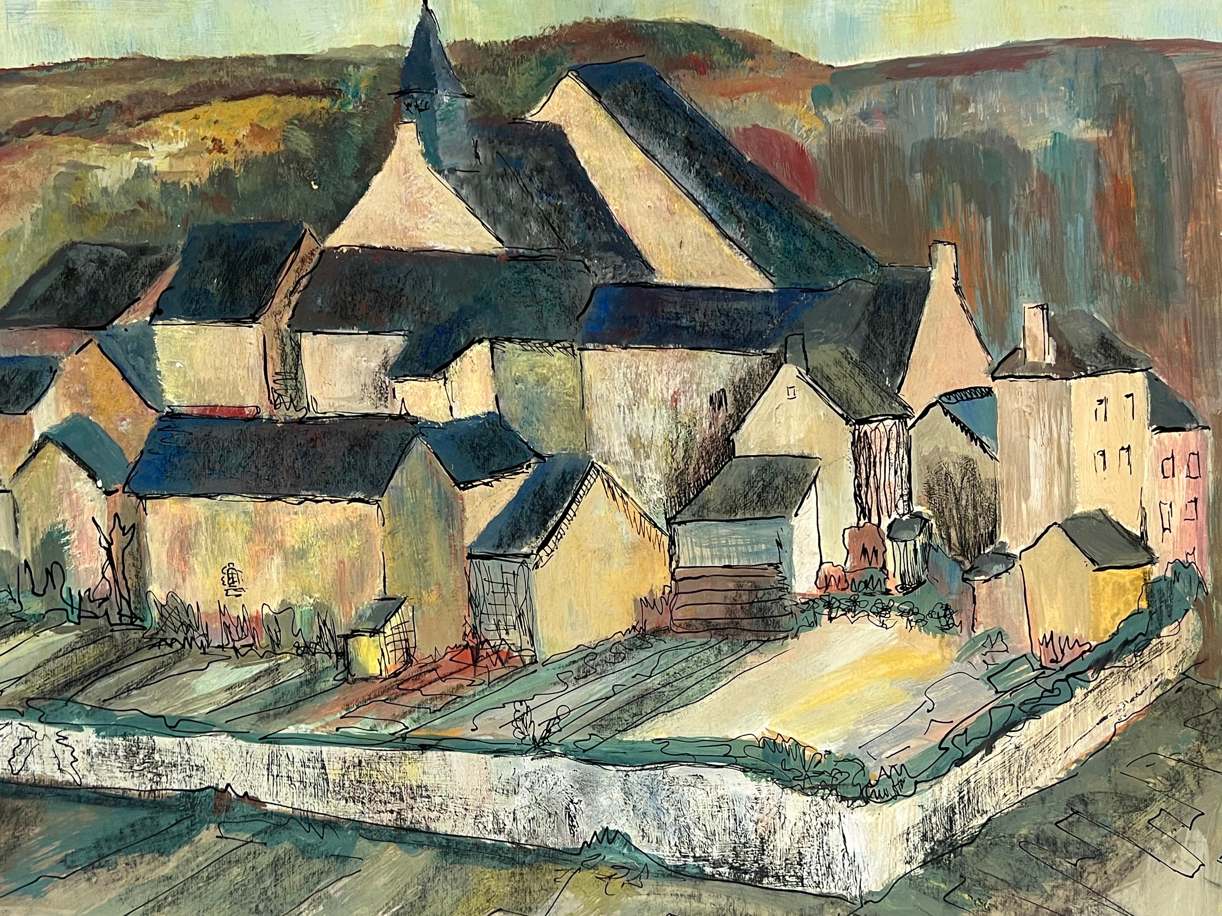 Paisaje al óleo de un pueblo francés cerrado de 1950 con campanario central - Painting Moderno de Bernard Labbe