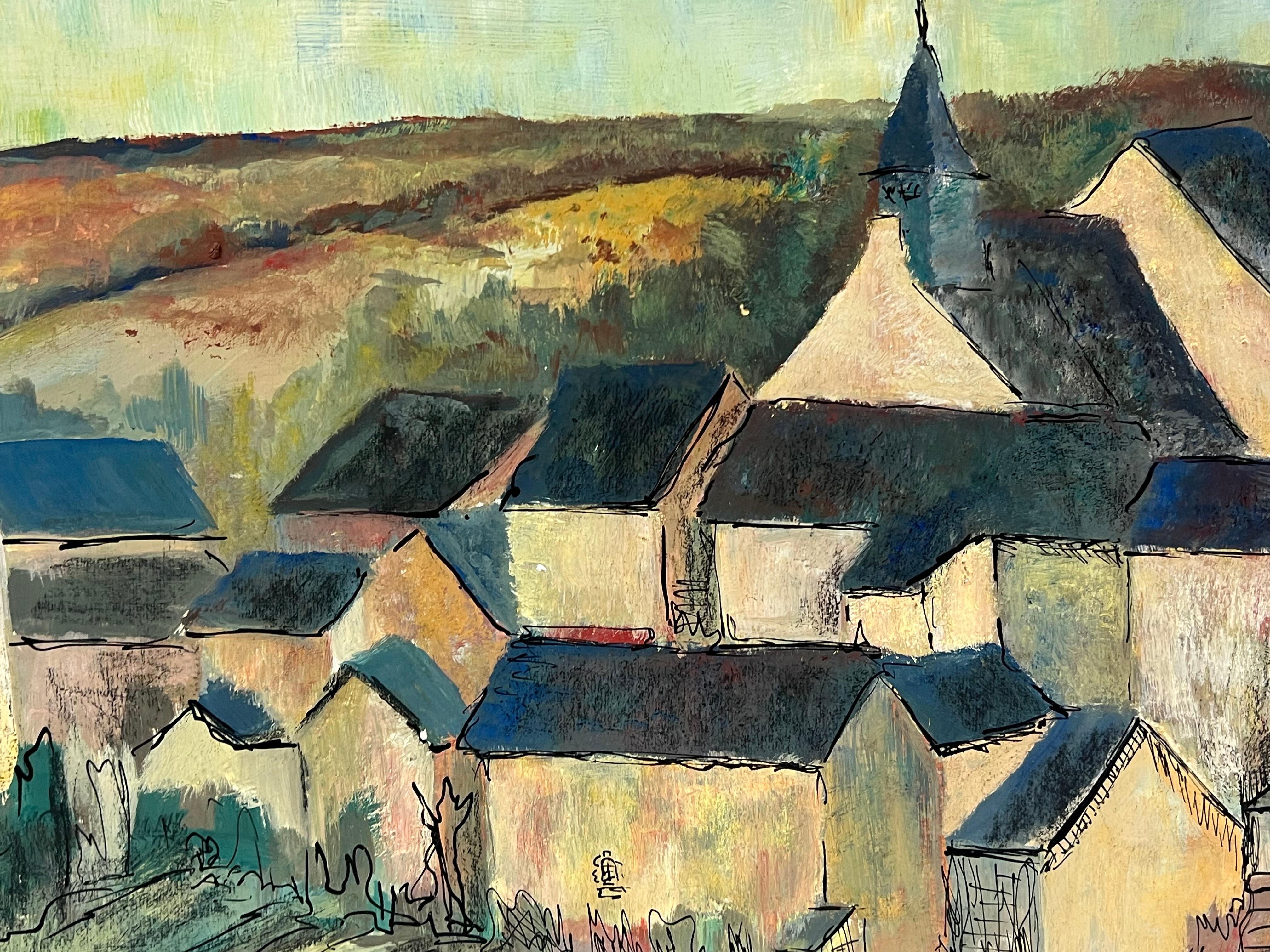Paisaje al óleo de un pueblo francés cerrado de 1950 con campanario central - Landscape Painting Gris de Bernard Labbe