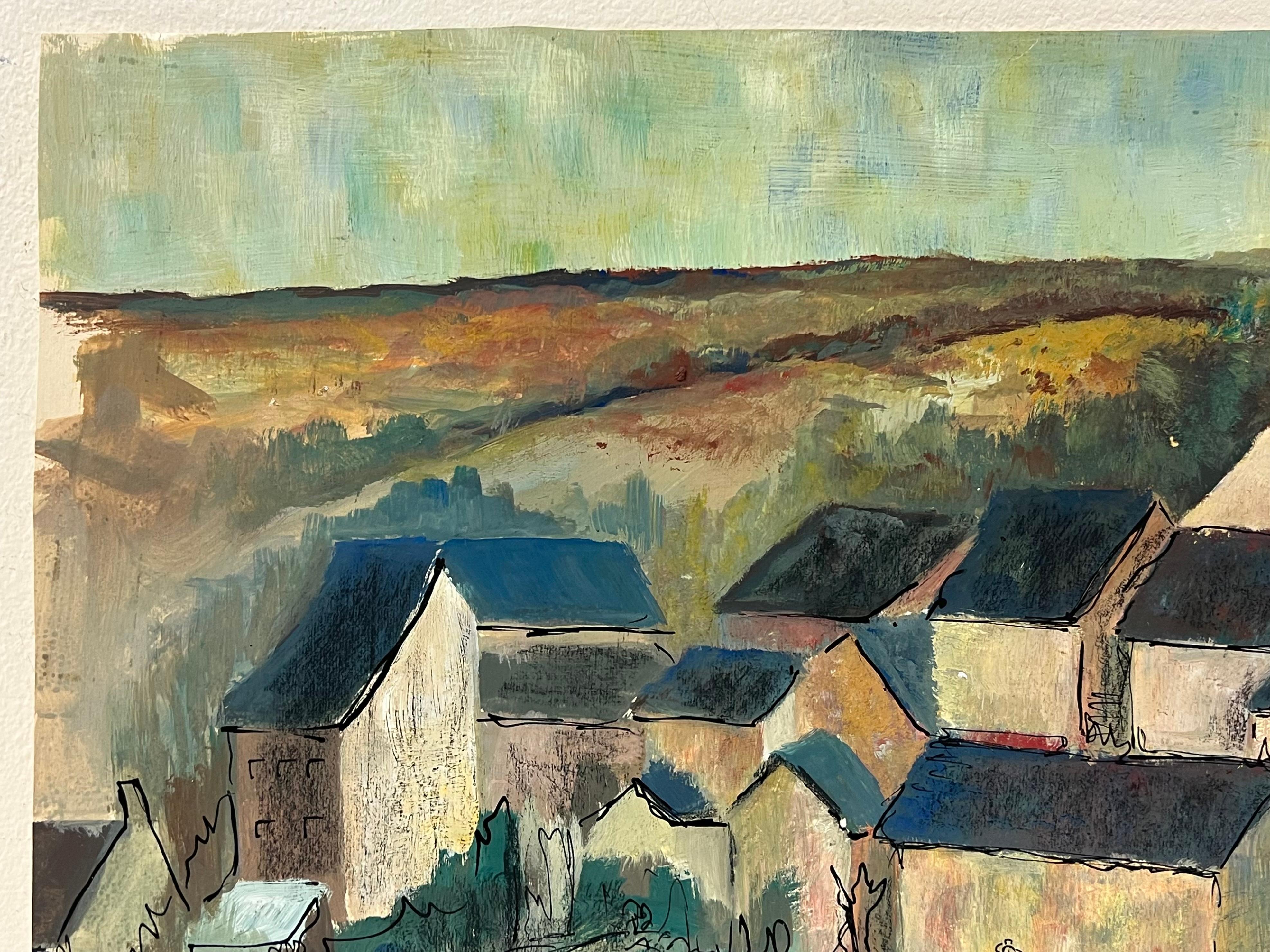 Pueblo Cerrado 
de Bernard Labbe (French mid 20th century)
óleo original y pluma sobre papel de artista 
tamaño: 16 x 24 pulgadas
estado: muy bueno y listo para ser disfrutado

Descripción: Este cuadro ofrece una vista de pájaro de un encantador