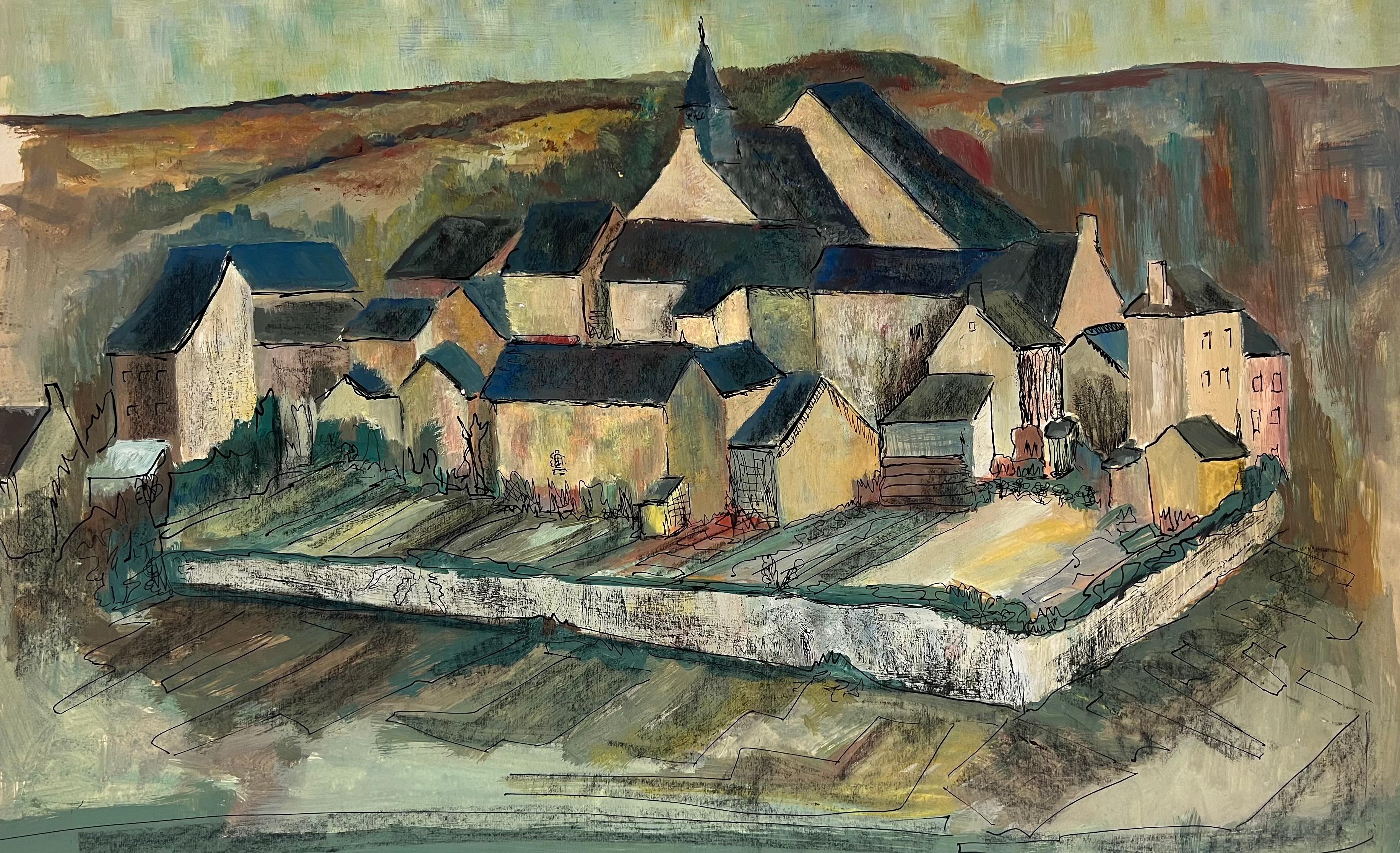 Landscape Painting de Bernard Labbe - Paisaje al óleo de un pueblo francés cerrado de 1950 con campanario central