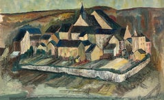 Paesaggio ad olio francese del 1950 con villaggio recintato e campanile centrale