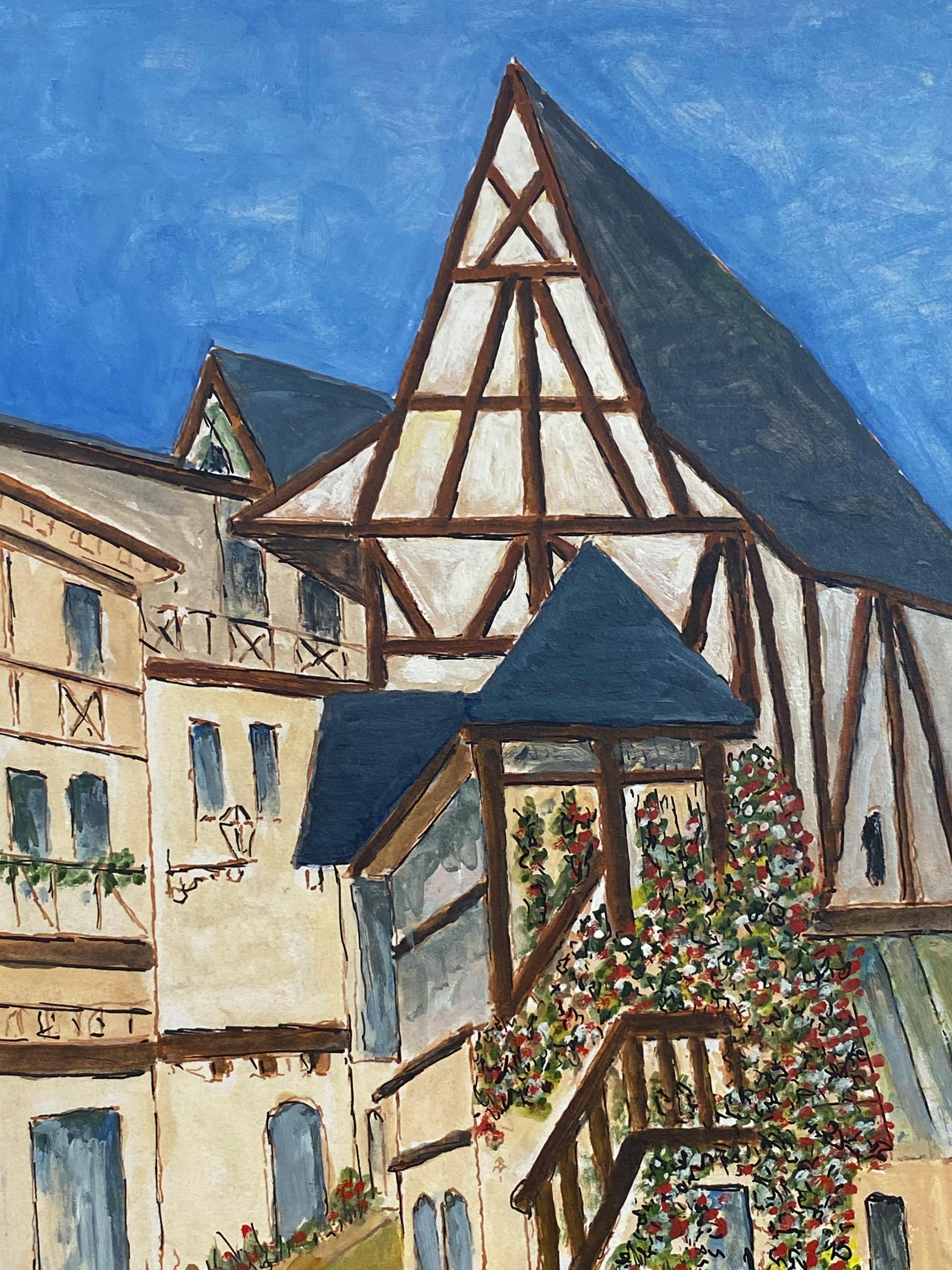 Französisches modernistisches/ kubistisches Gemälde der 1950er Jahre, 1950er Jahre, Schöne französische Stadt mit zwei Figuren – Painting von Bernard Labbe