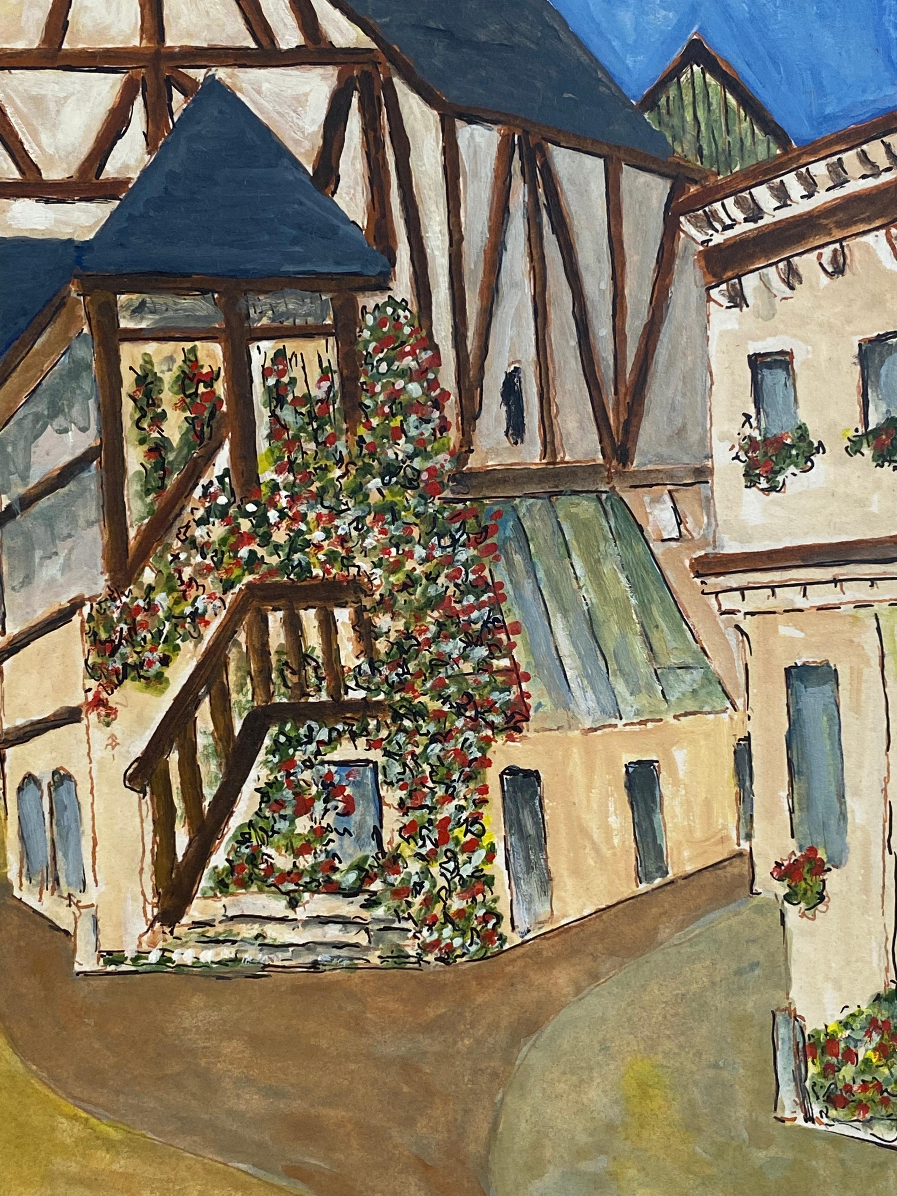 Französisches modernistisches/ kubistisches Gemälde der 1950er Jahre, 1950er Jahre, Schöne französische Stadt mit zwei Figuren (Moderne), Painting, von Bernard Labbe