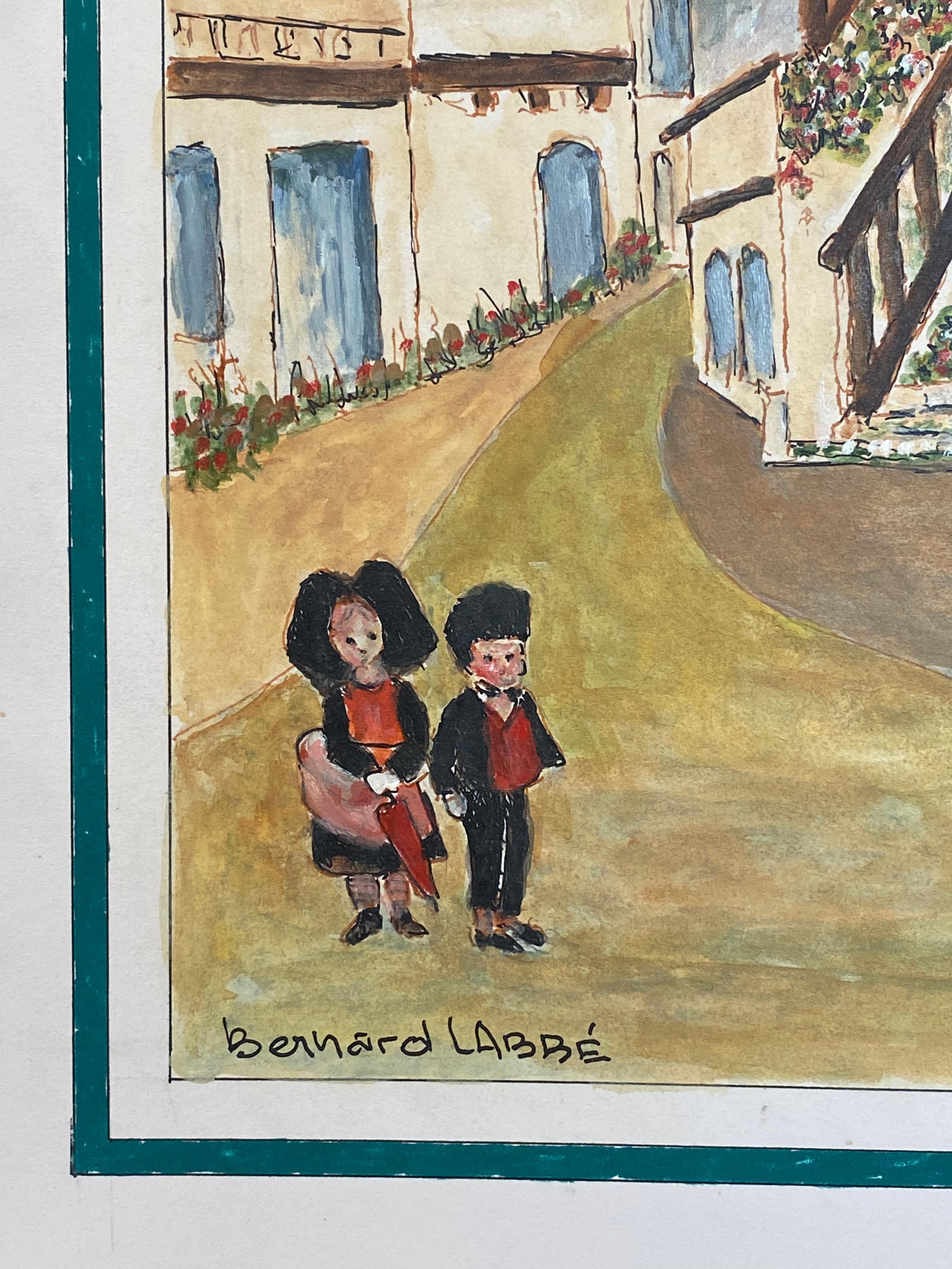 Französisches modernistisches/ kubistisches Gemälde der 1950er Jahre, 1950er Jahre, Schöne französische Stadt mit zwei Figuren (Grau), Landscape Painting, von Bernard Labbe