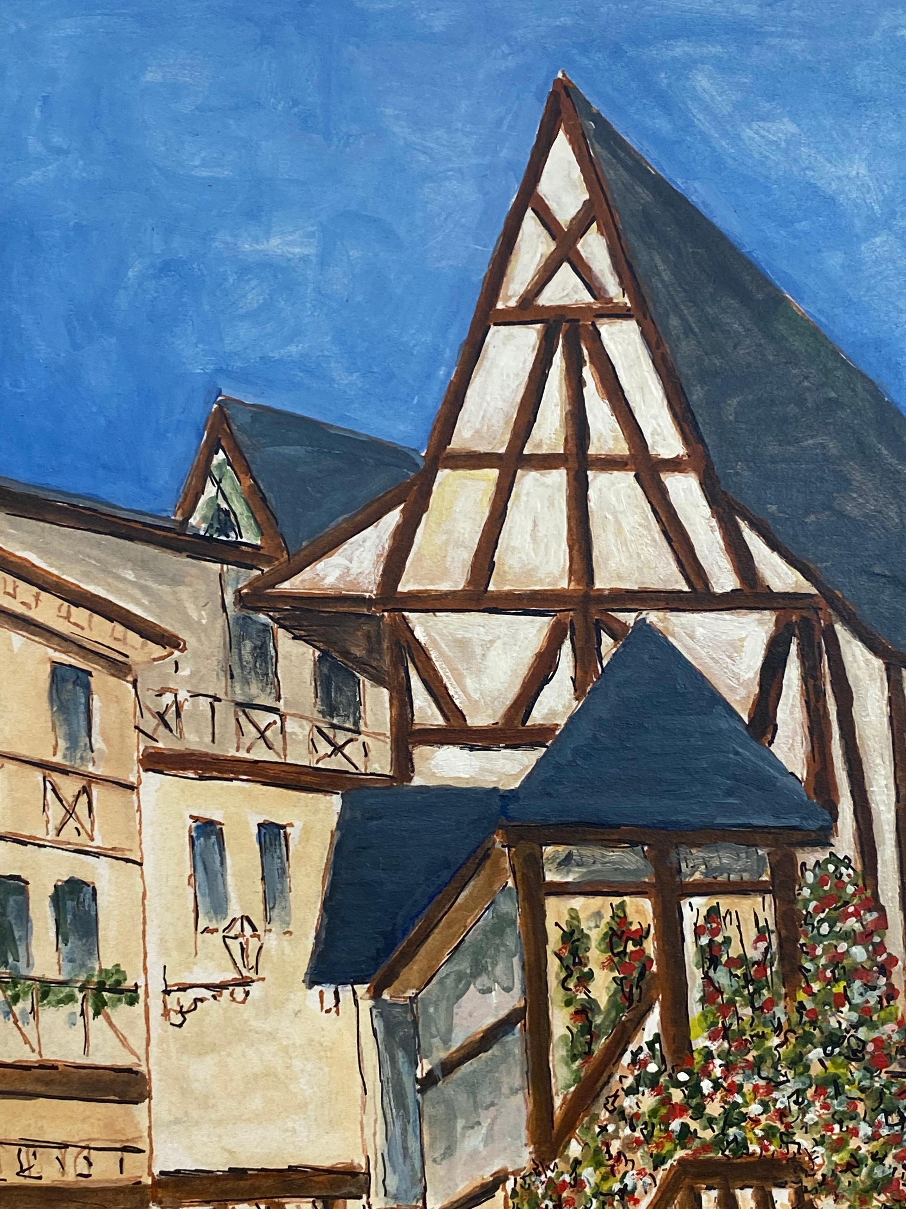 1950's French Modernist/ Cubist Painting -Beautiful French Town With Two Figures For Sale 1